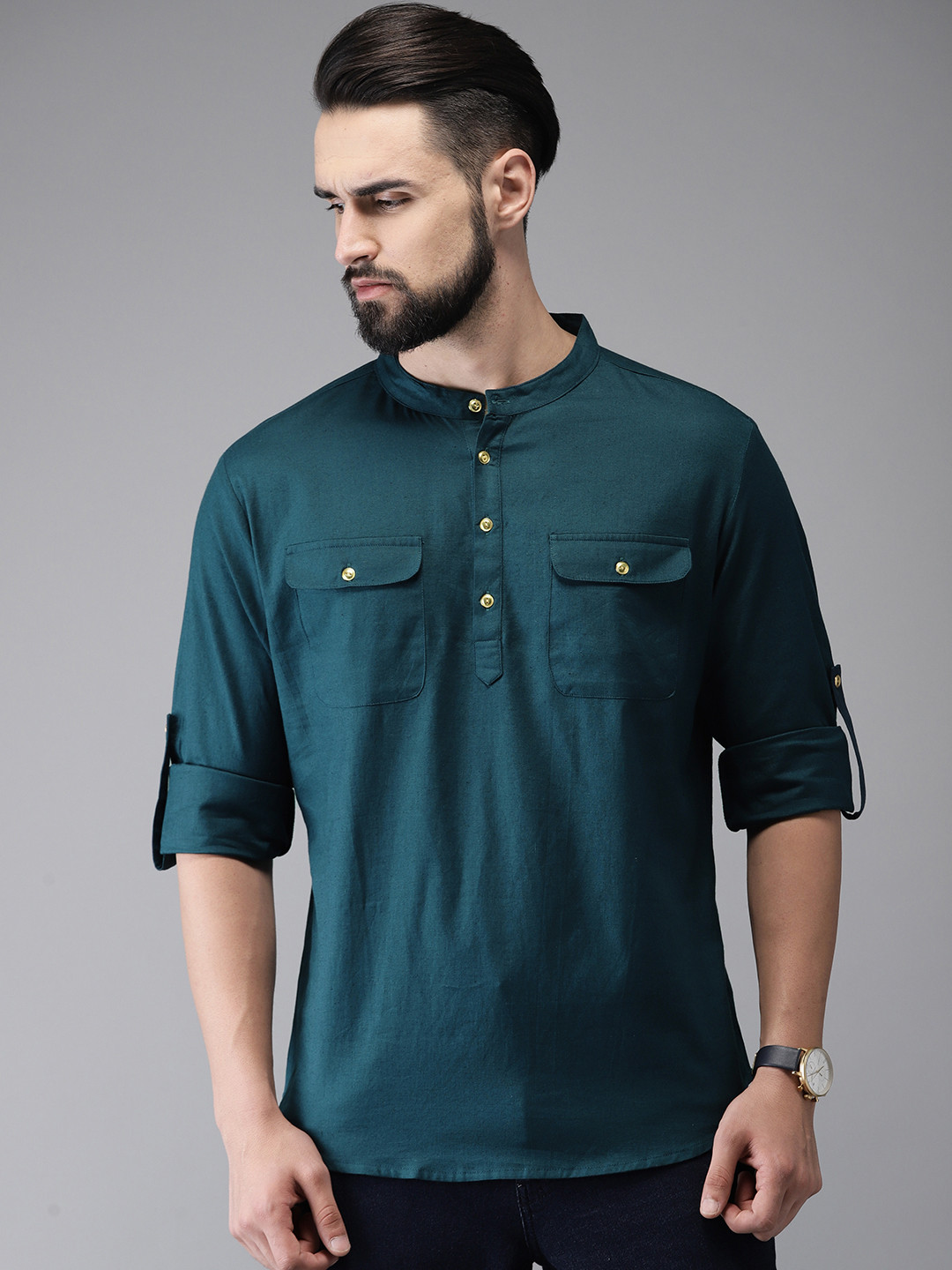 Anouk Men Teal Blue Solid Straight Short Kurta