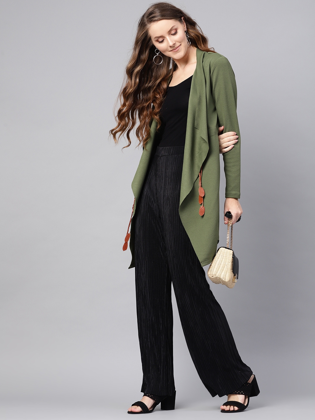 Buy SASSAFRAS Women Olive Green Solid Longline Waterfall Shrug