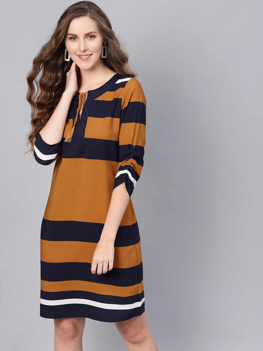SASSAFRAS Women Rust Brown & Navy Blue Striped Shift Dress