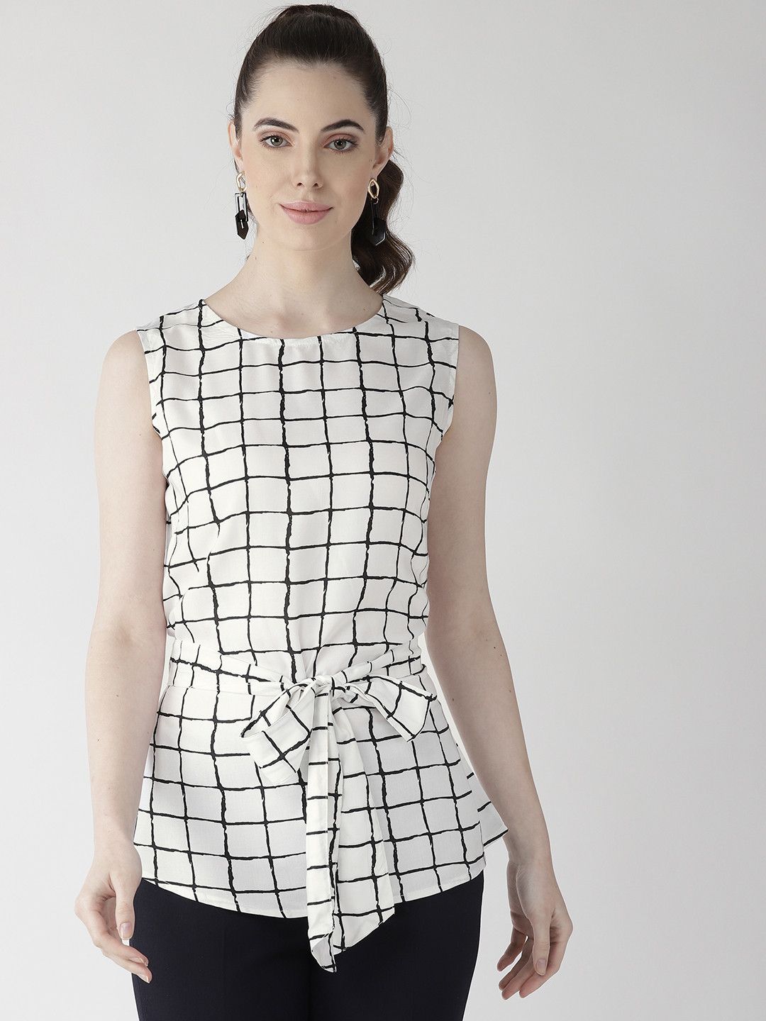 plusS Women White & Black Checked Cinched Waist Top