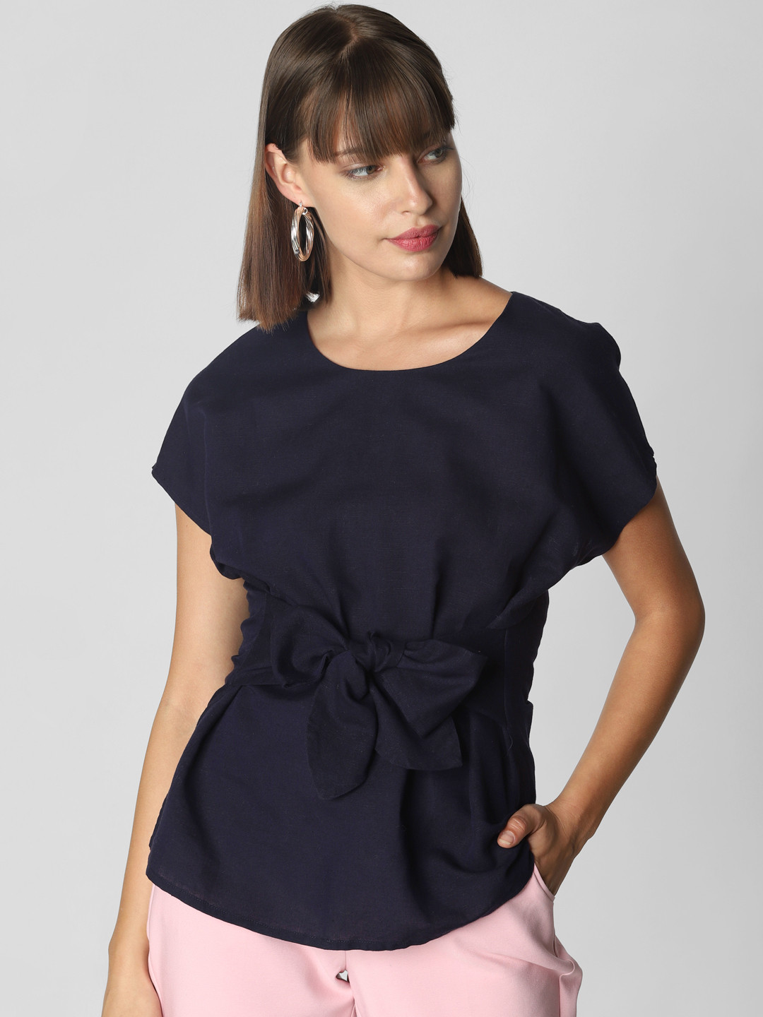 Vero Moda Women Navy Blue Solid Linen Top