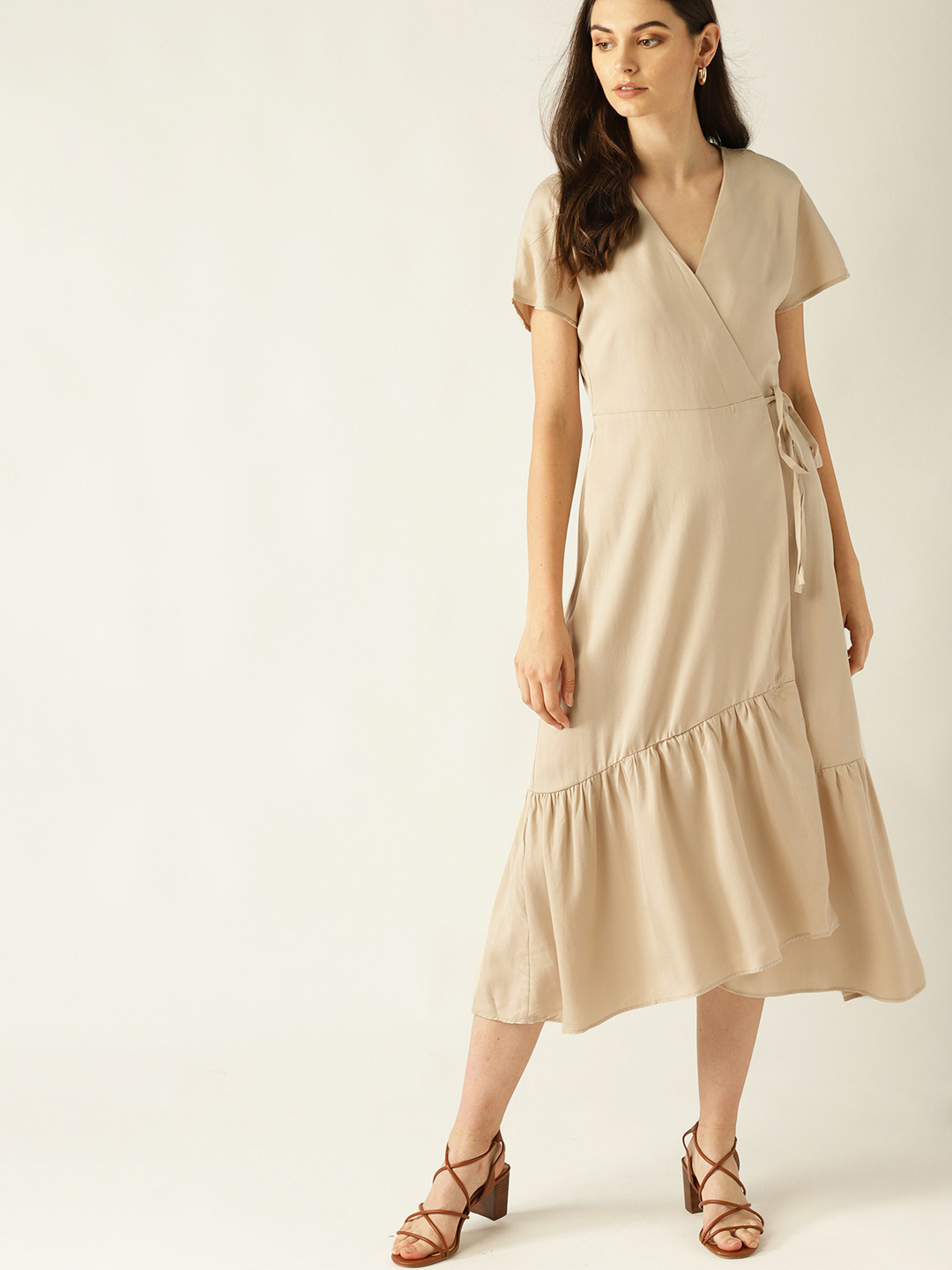 MANGO Women Beige Solid Wrap Dress