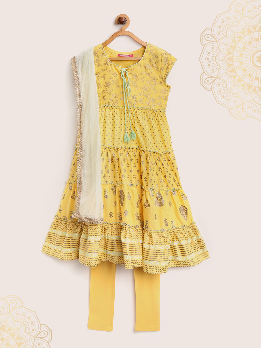 Biba Girls Yellow & Golden Printed Kurta with Churidar & Dupatta