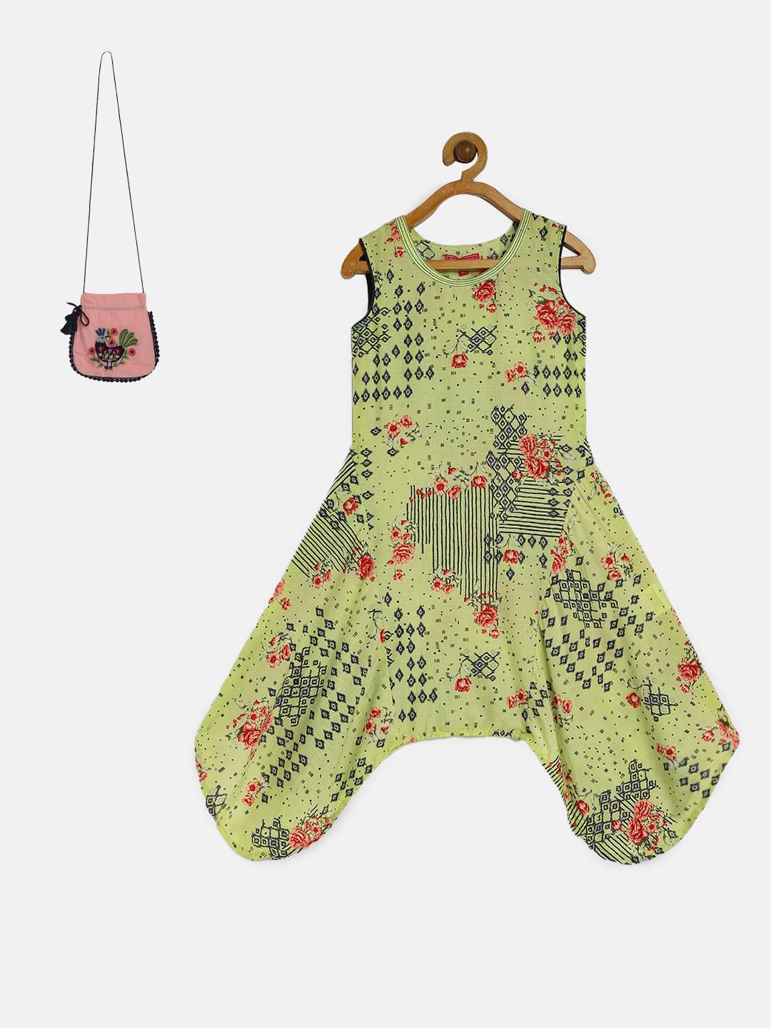 Biba Girls Green Floral Printed A-Line Dress with Embroidered Sling Bag