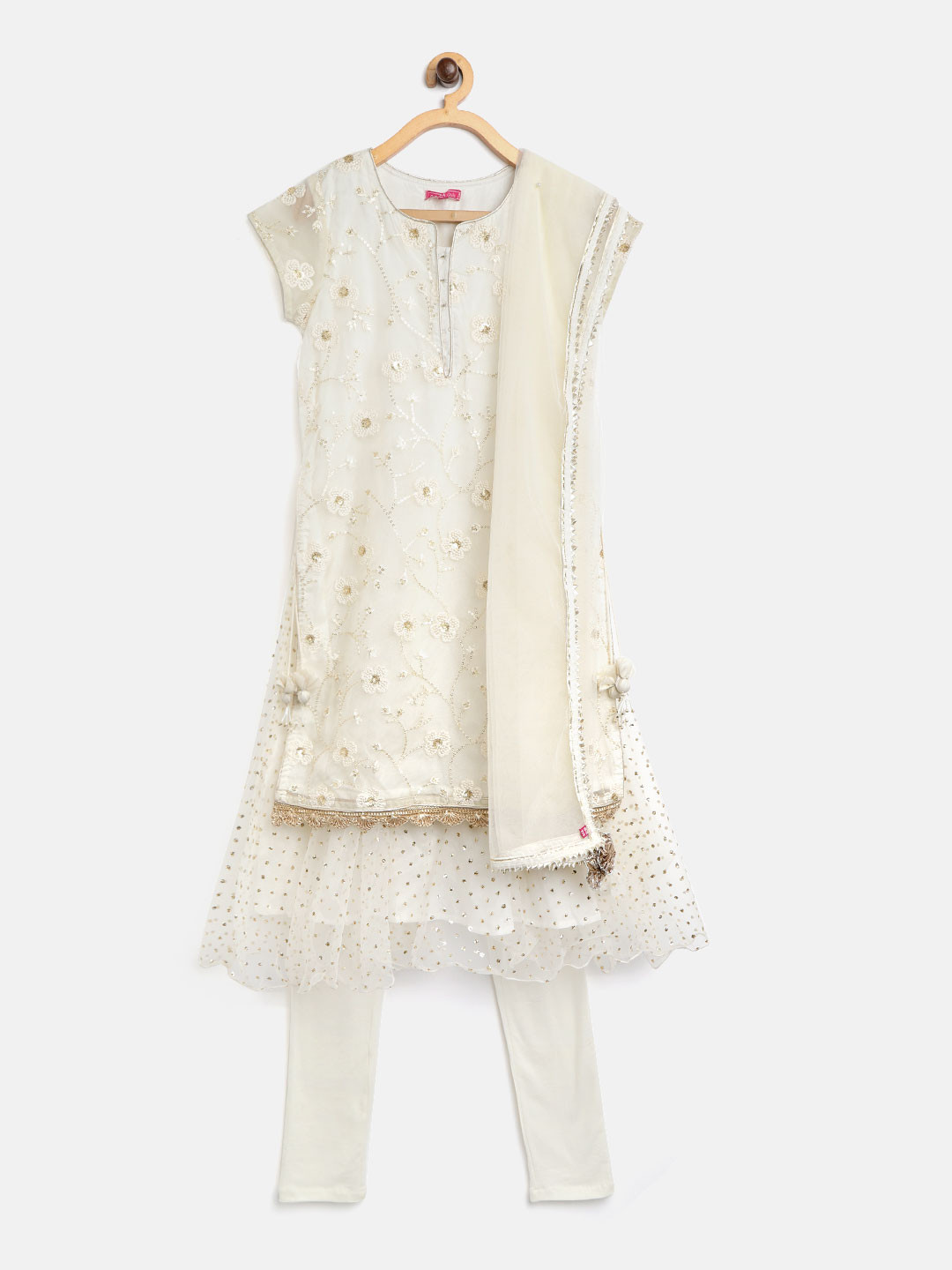Biba Girls Cream-Coloured & Golden Embroidered Kurta with Churidar & Dupatta