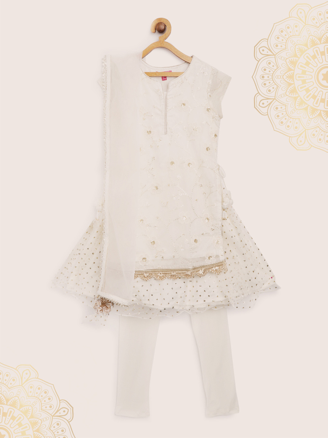 Biba Girls Off-White Embellished Kurta with Churidar & Dupatta