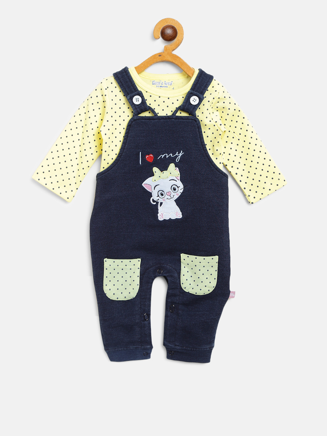 Moms Love Girls Yellow & Navy Blue Printed T-shirt with Dungarees