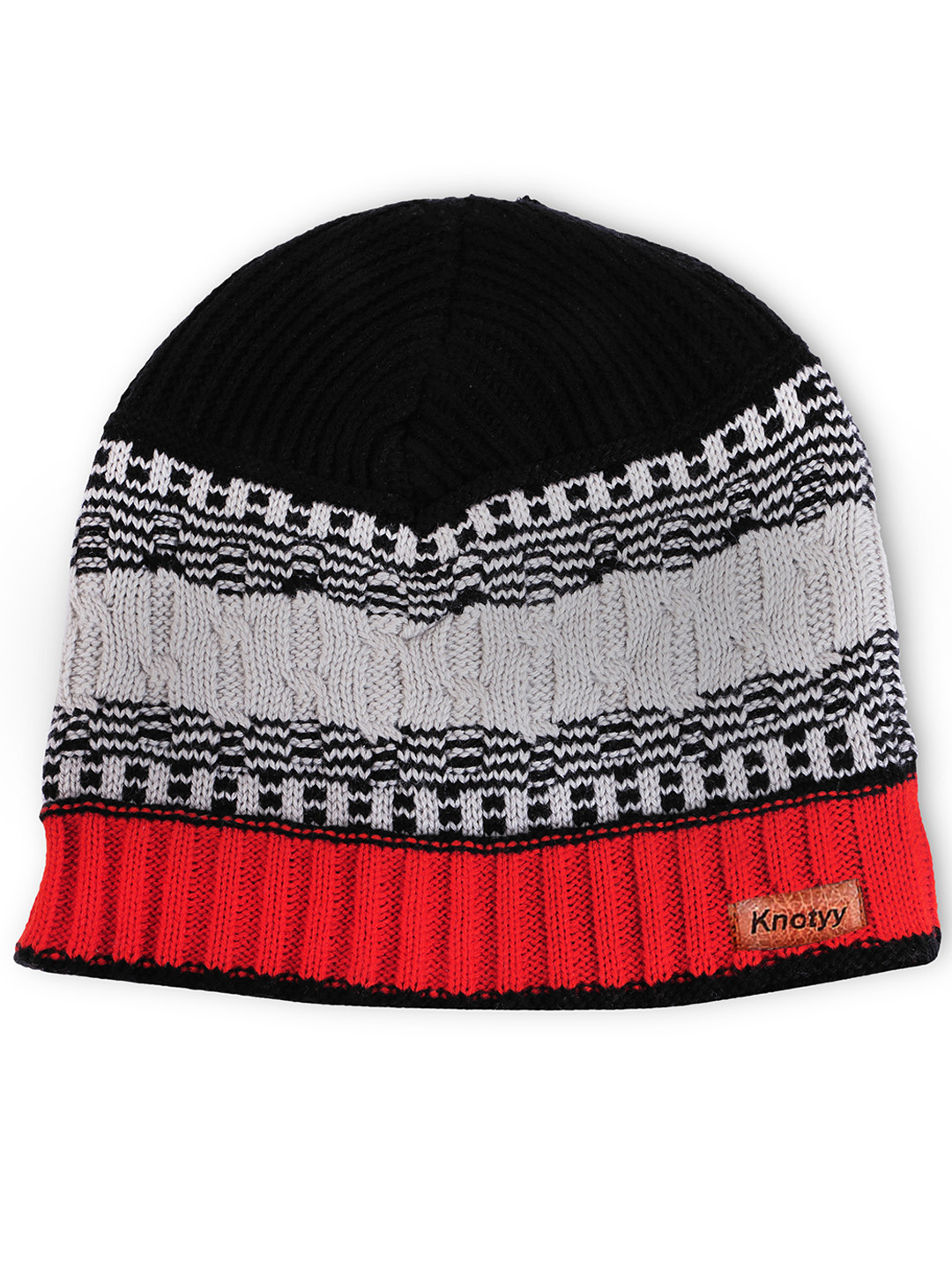 Knotyy Men Black & Red Self Design Beanie