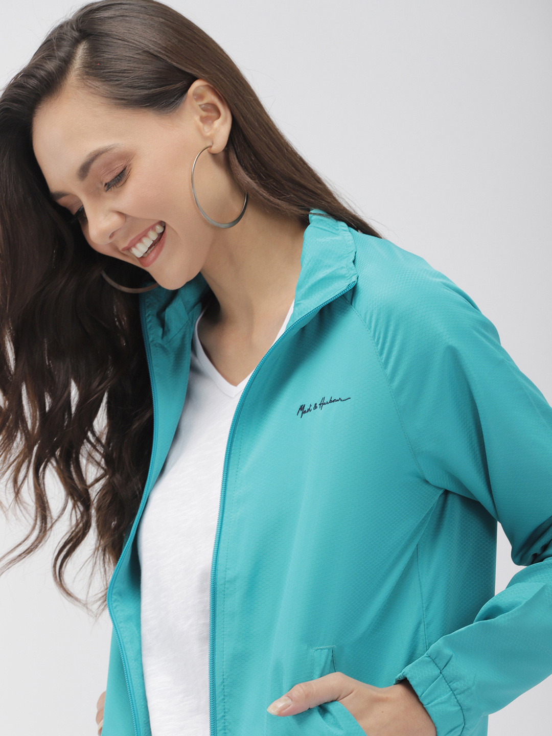 Mast & Harbour Women Turquoise Blue Self Design Lightweight Bomber Jacket