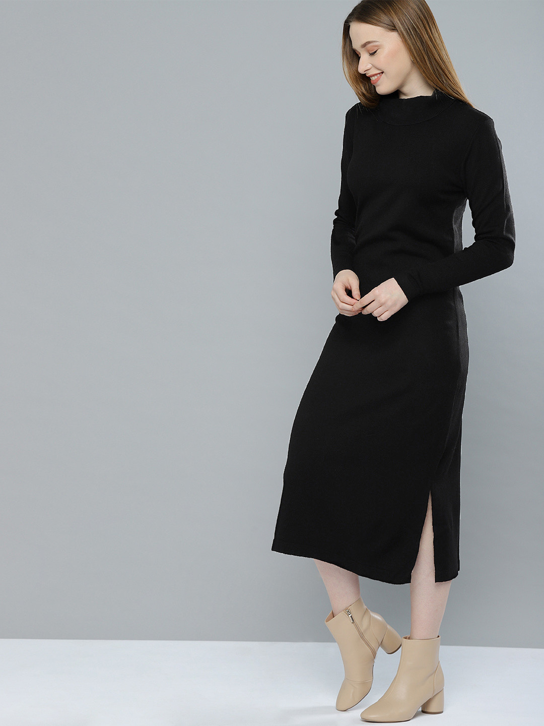Mast & Harbour Women Solid Black Midi Jumper Dress