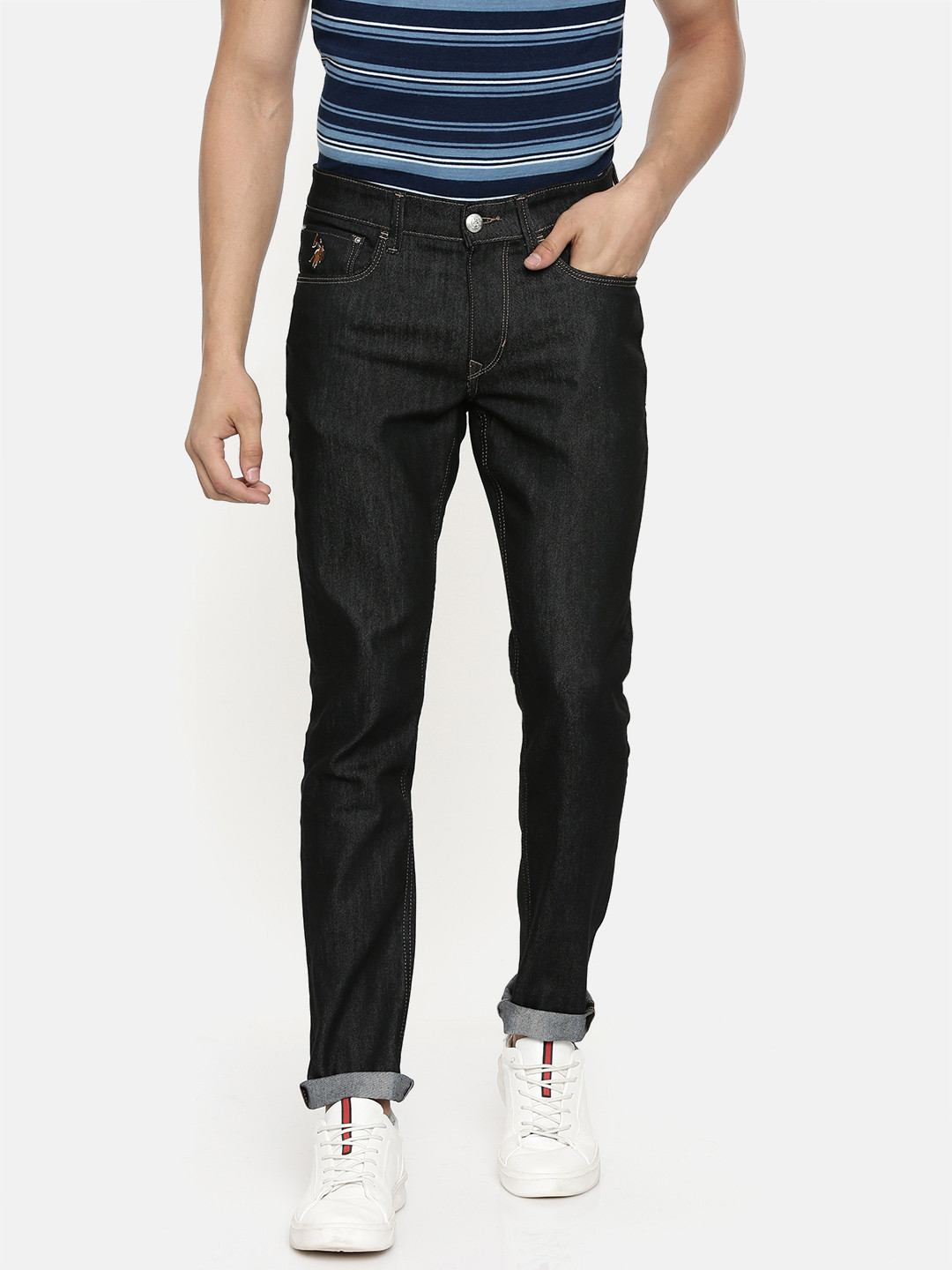 U.S. Polo Assn. Denim Co. Men Black Brandon Slim Tapered Fit Mid-Rise Clean Look Sustainable Jeans