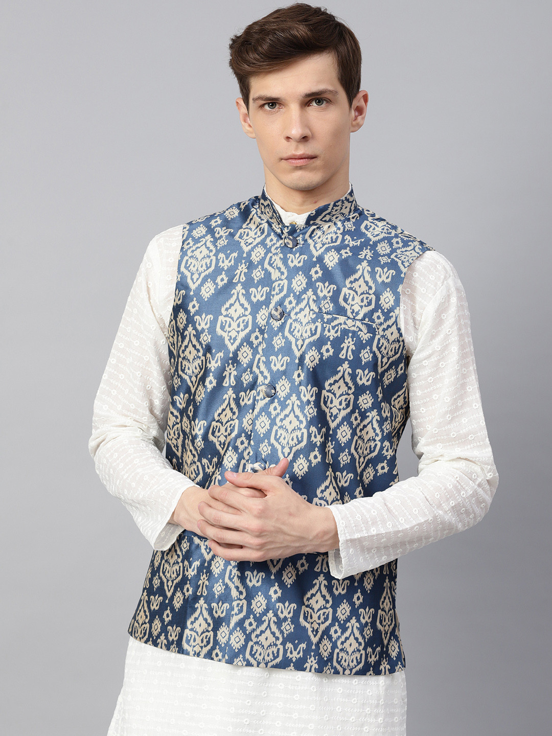 SOJANYA Men Blue & Off-White Printed Nehru Jacket