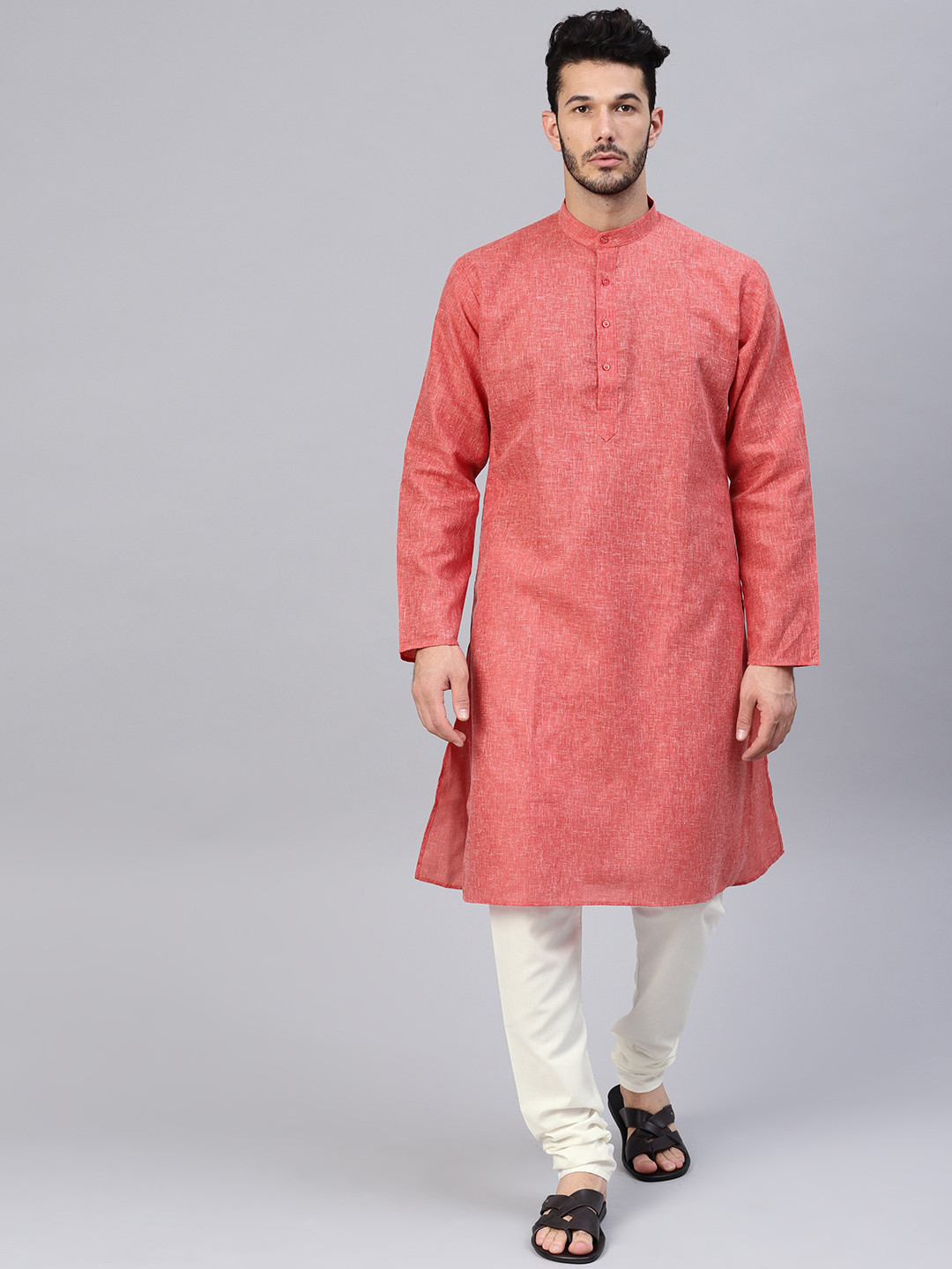 SOJANYA Men Red & Off-White Solid Kurta with Churidar