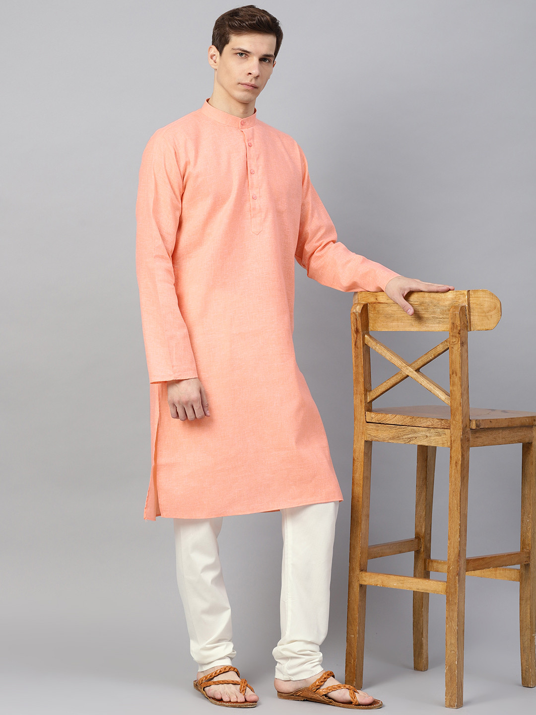 SOJANYA Men Peach-Coloured & Off-White Solid Kurta with Churidar