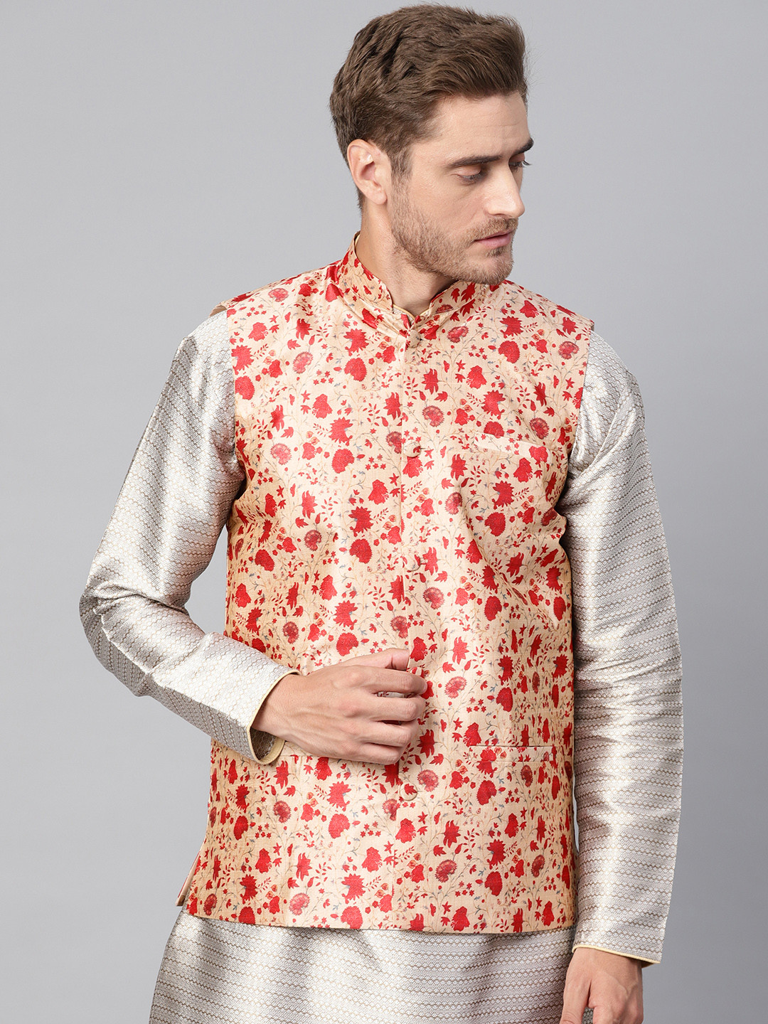 SOJANYA Men Beige & Red Printed Nehru Jacket