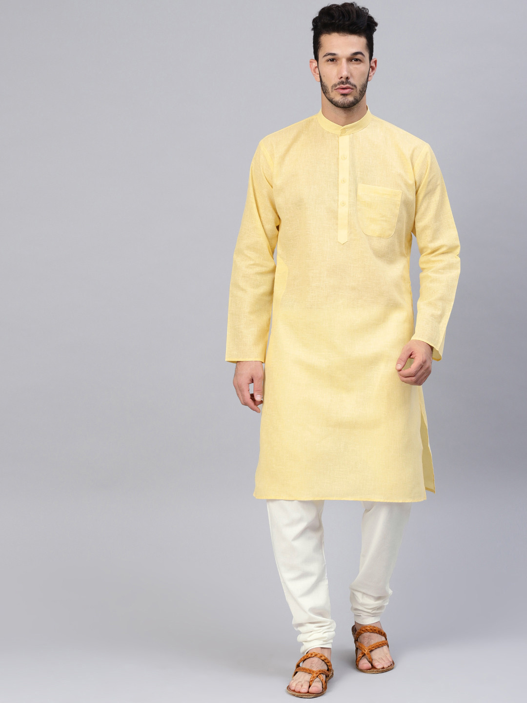 SOJANYA Men Yellow & Off-White Solid Kurta with Churidar