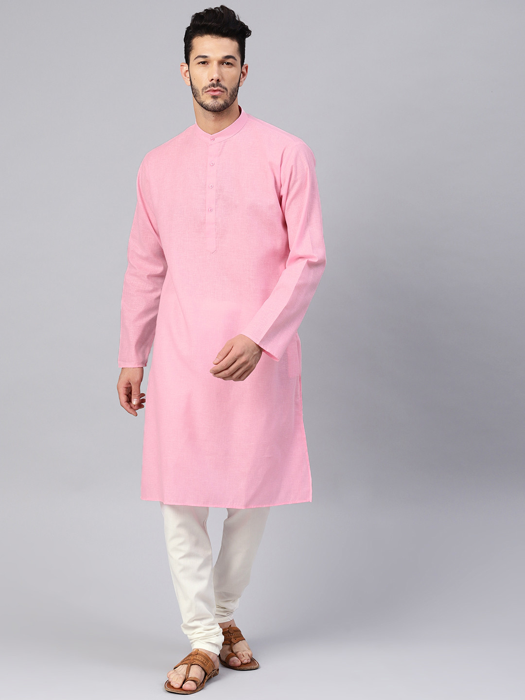SOJANYA Men Pink & Off-White Solid Kurta with Churidar