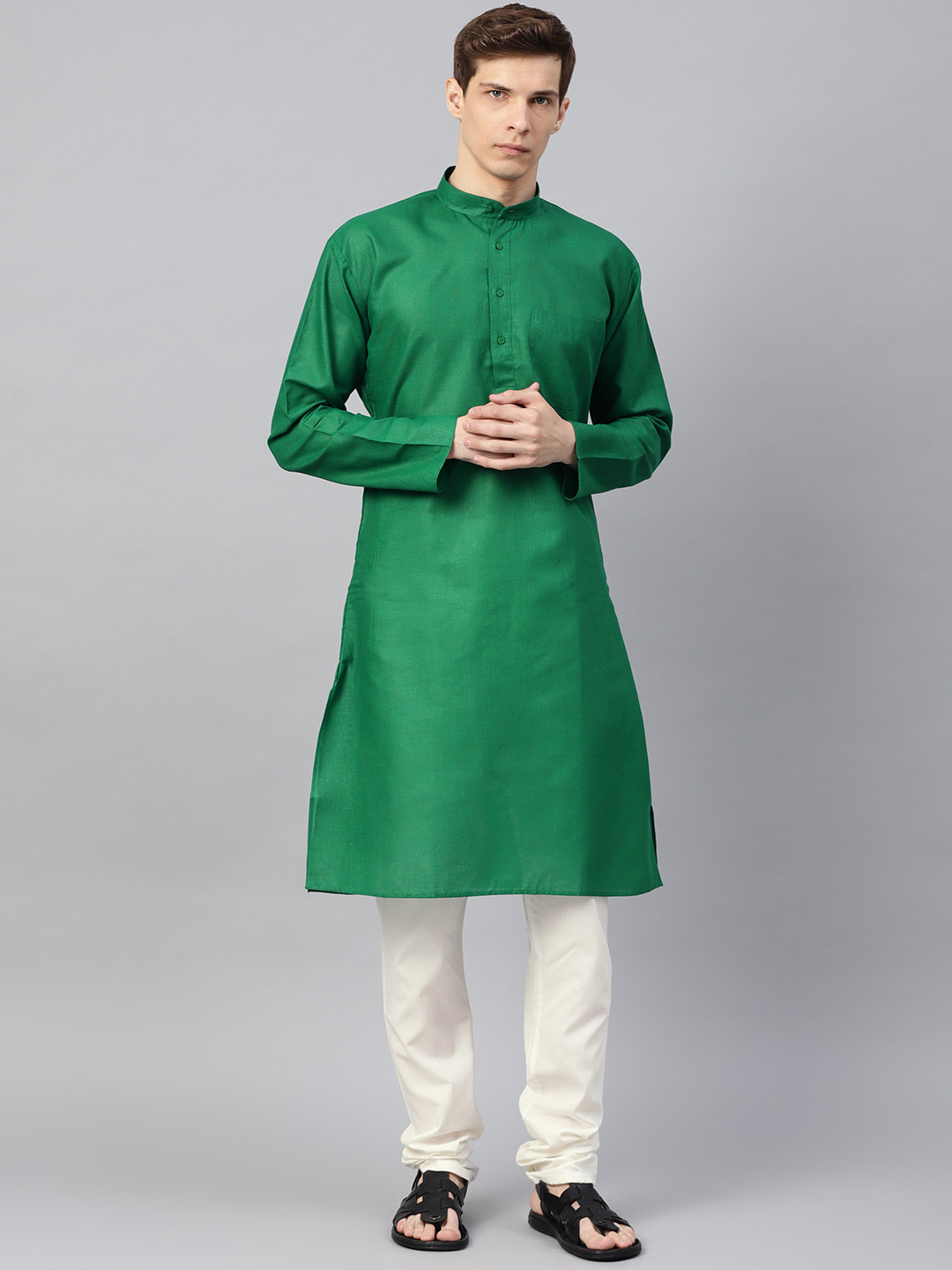 SOJANYA Men Green & Off-White Solid Kurta with Churidar