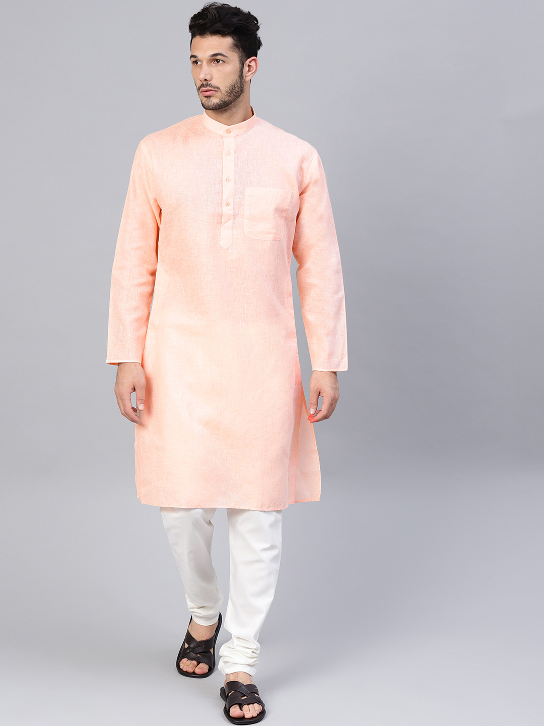 SOJANYA Men Peach-Coloured & Off-White Solid Kurta with Churidar