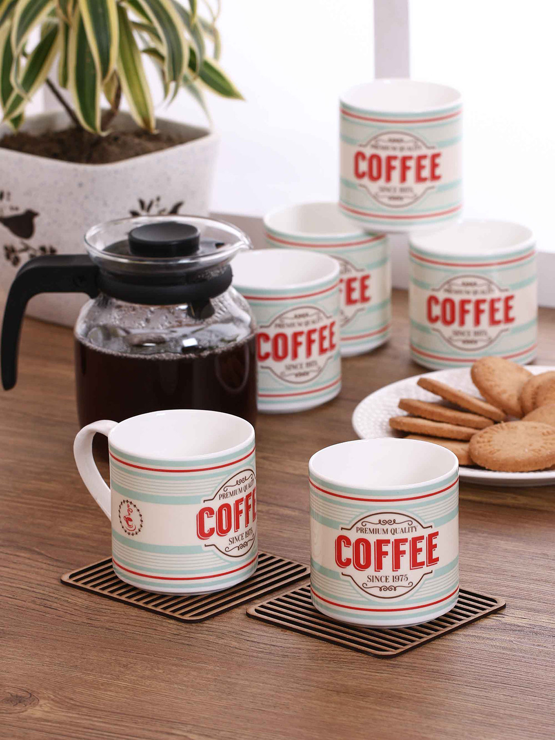 CLAY CRAFT Double Wall Multicoloured Typography Bone China Microwave Safe 6 Piece Mug-220ml