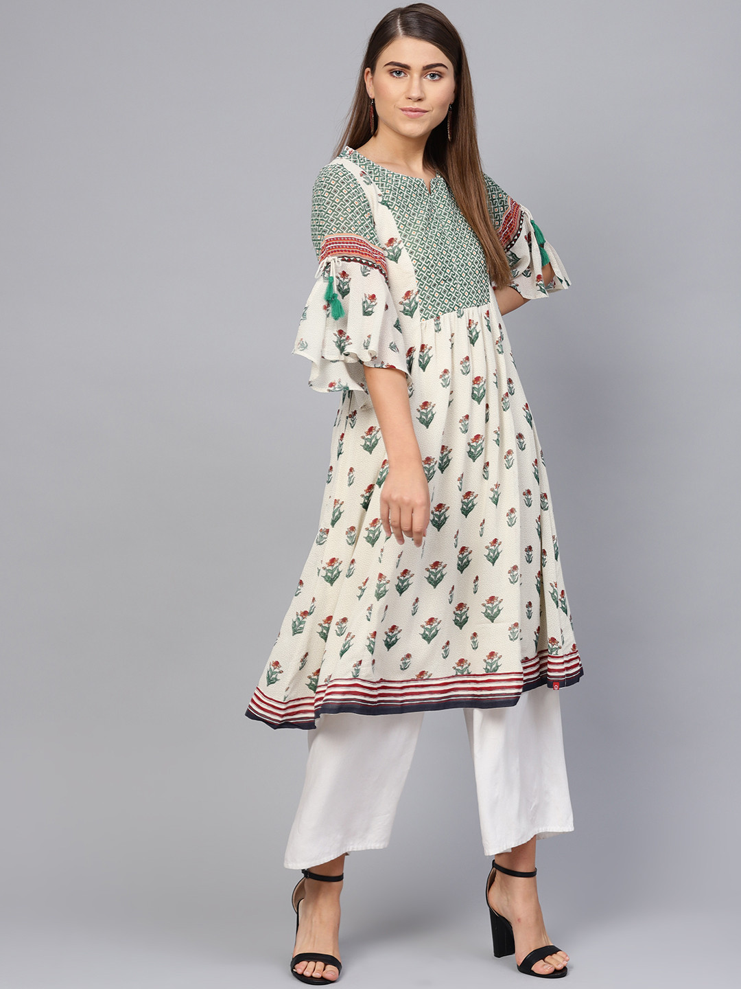 Biba Women Off-White & Green Printed A-Line Kurta