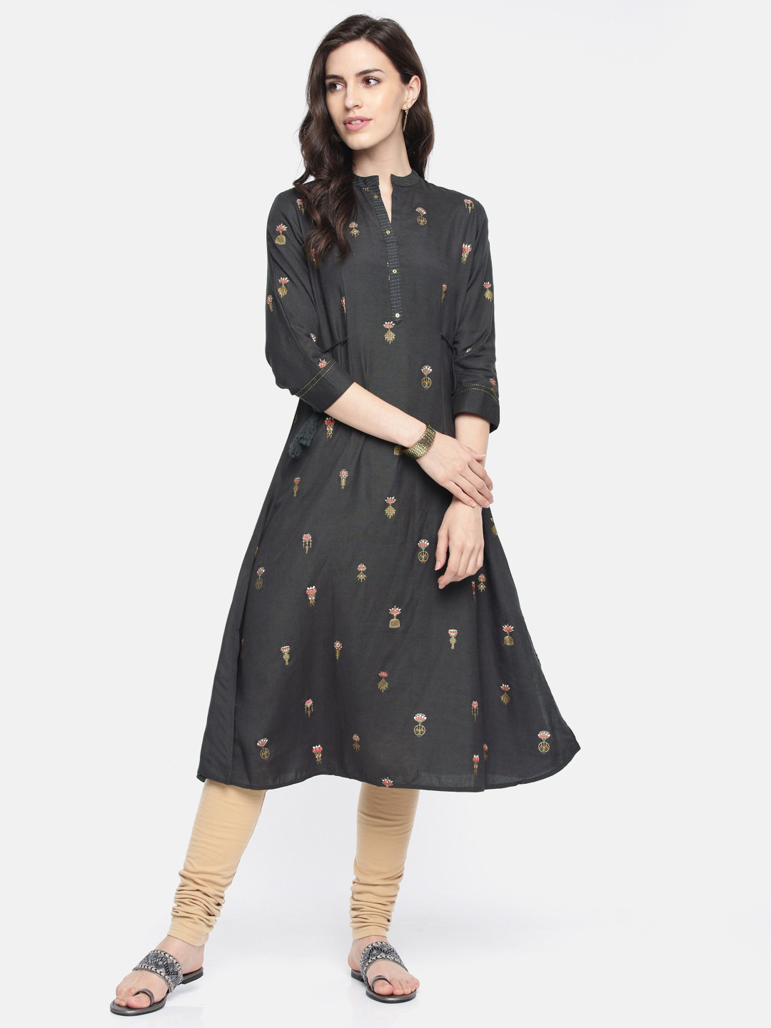 Span Women Charcoal Printed A-Line Kurta