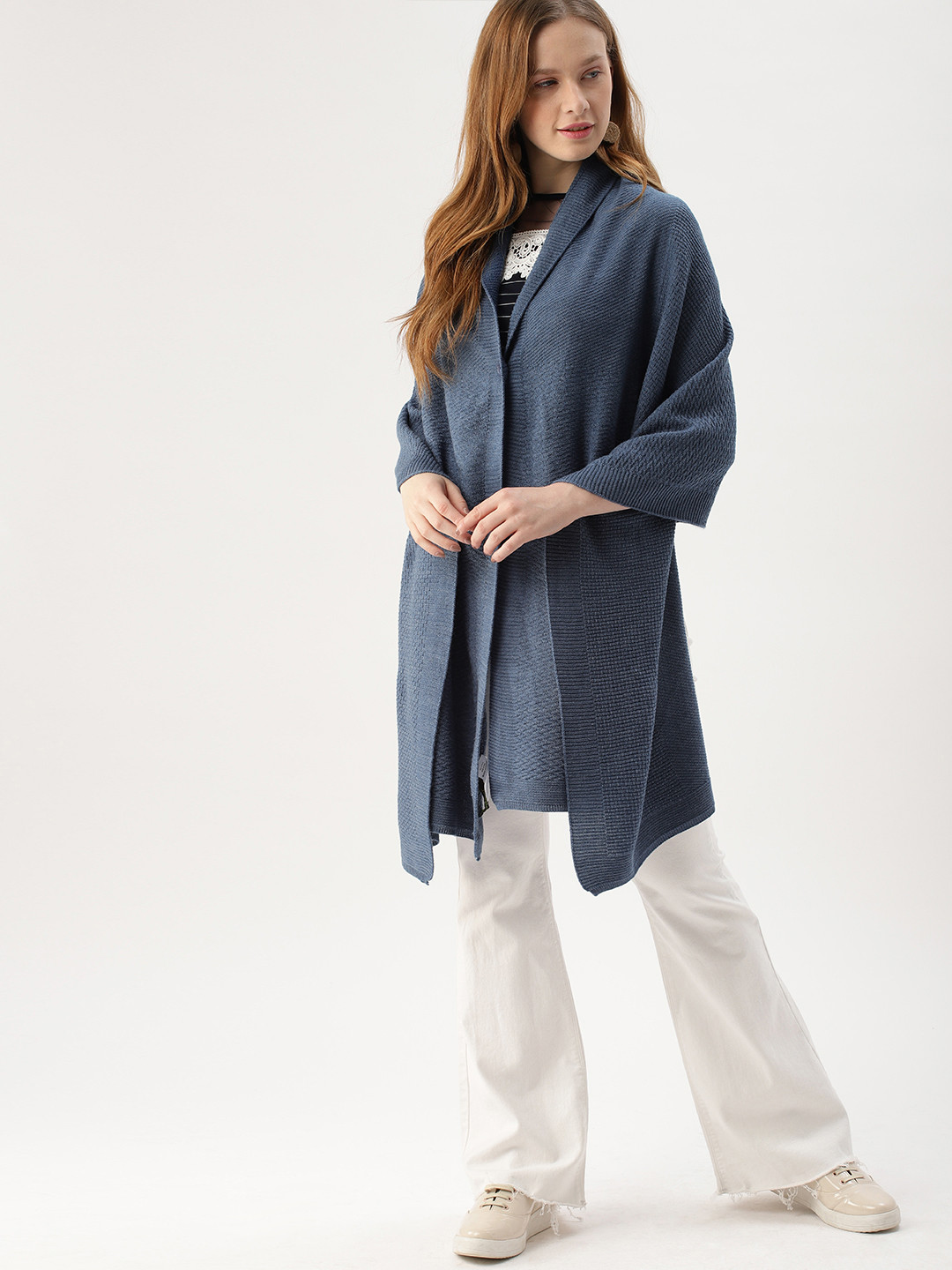 DressBerry Women Blue Self Design Front-Open Acrylic Sweater