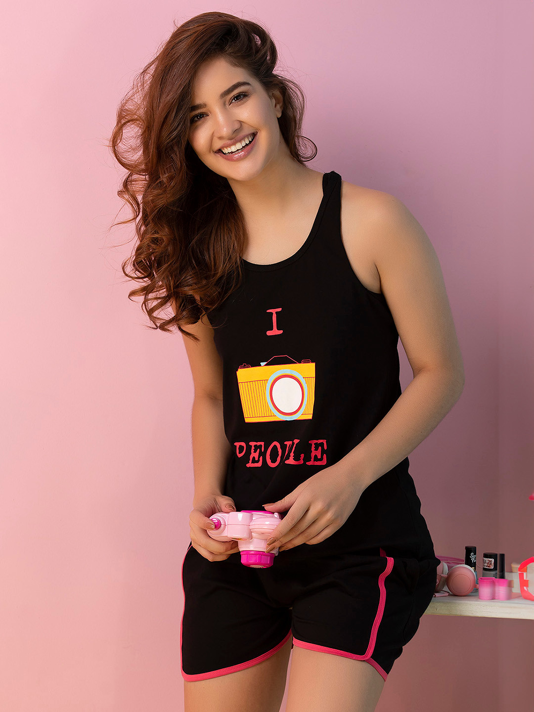 Clovia Women Black Printed Night suit LS0436P13