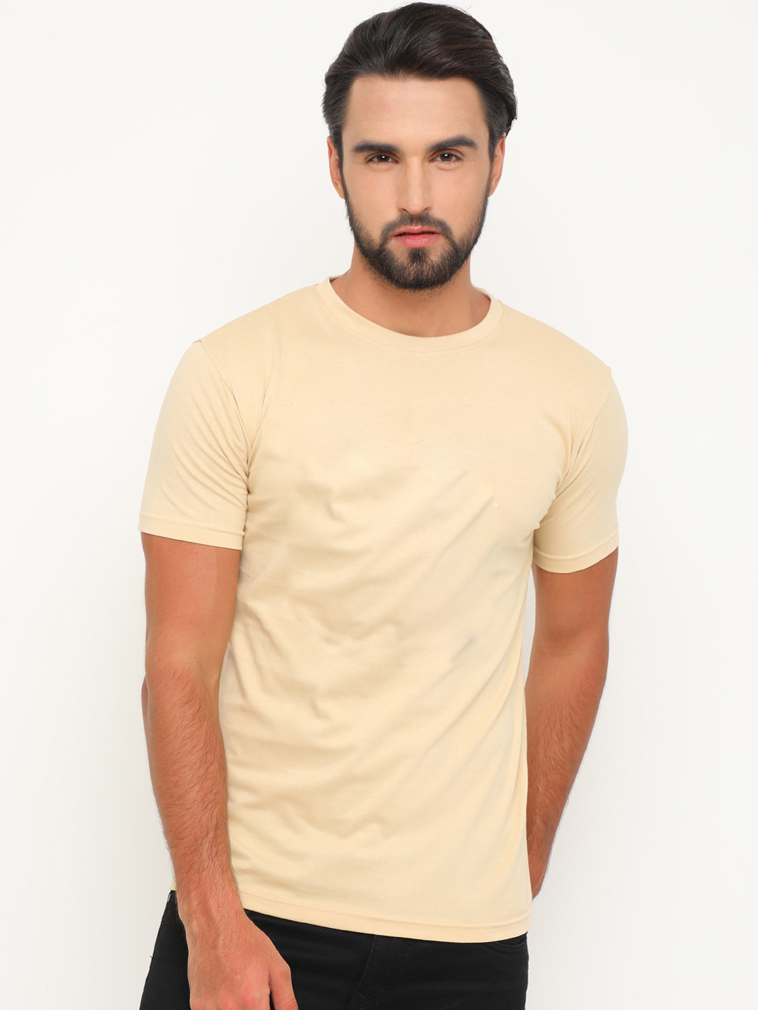 Bushirt Men Beige Solid Round Neck Pure Cotton T-shirt