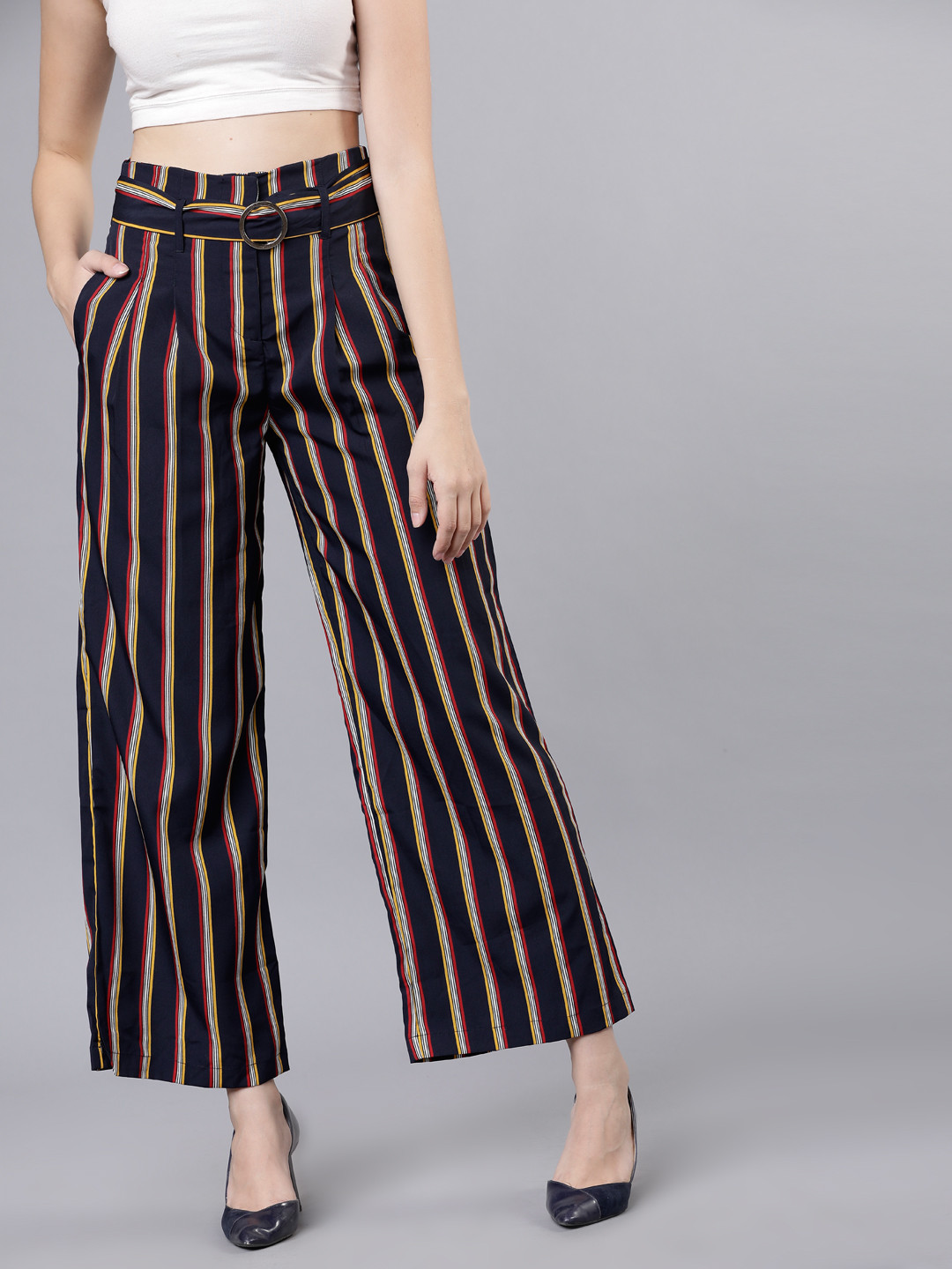 Tokyo Talkies Women Navy Blue & Red Printed Straight Palazzos