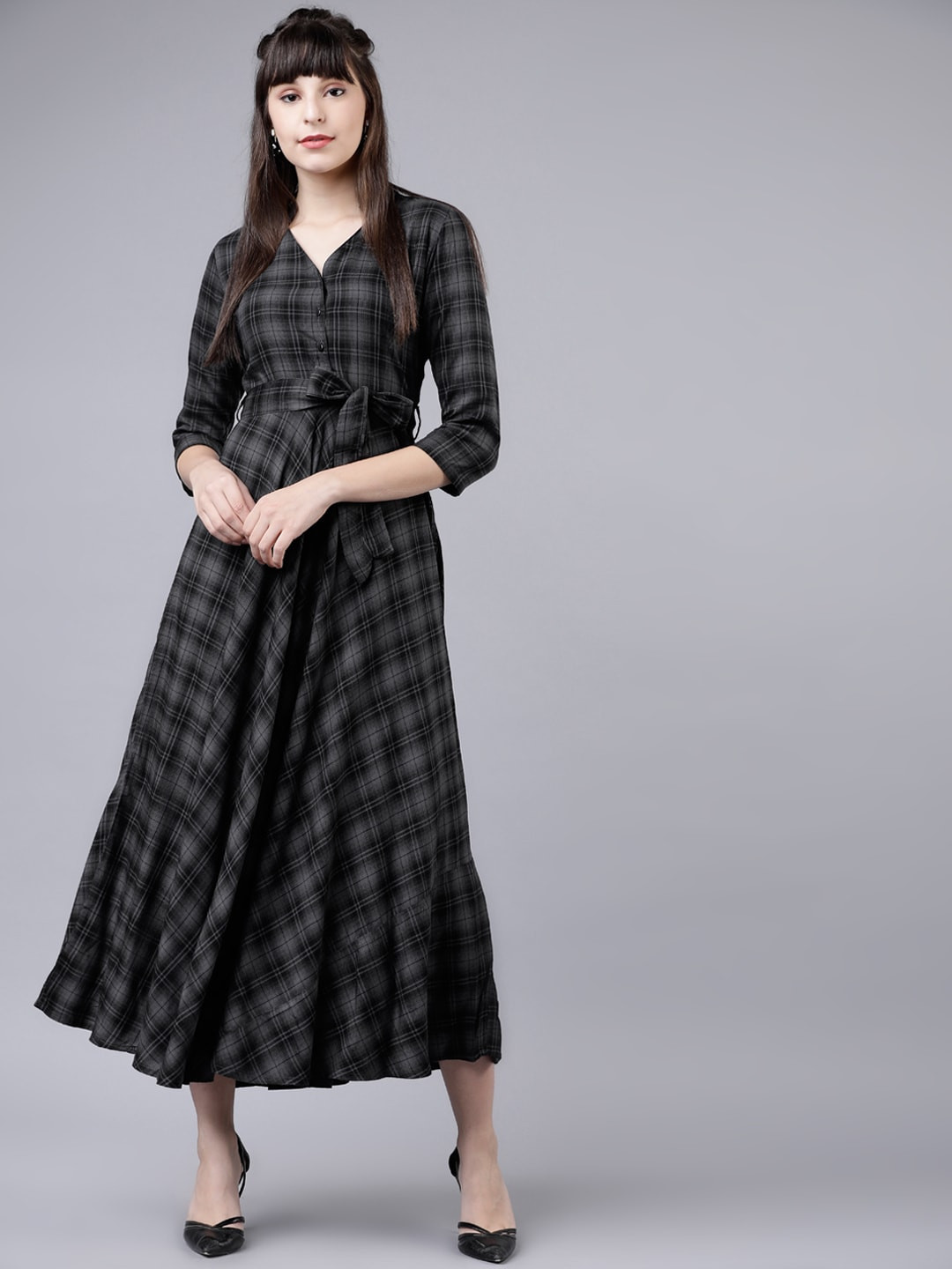 Tokyo Talkies Women Grey & Black Checked Empire Dress