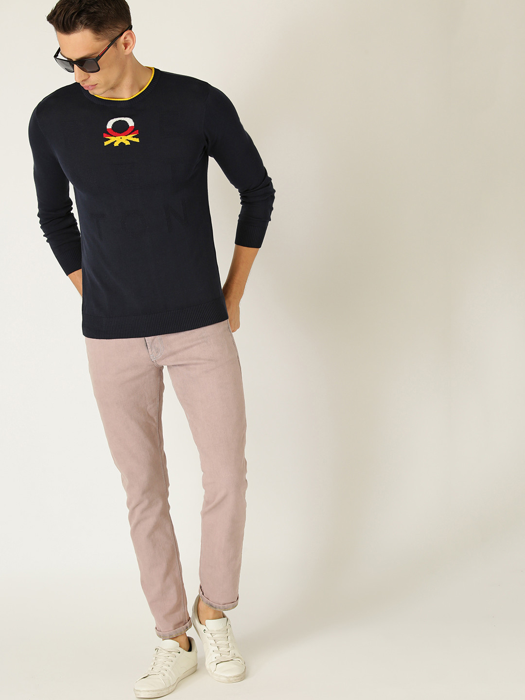 United Colors of Benetton Men Navy Blue Self Design Sweater