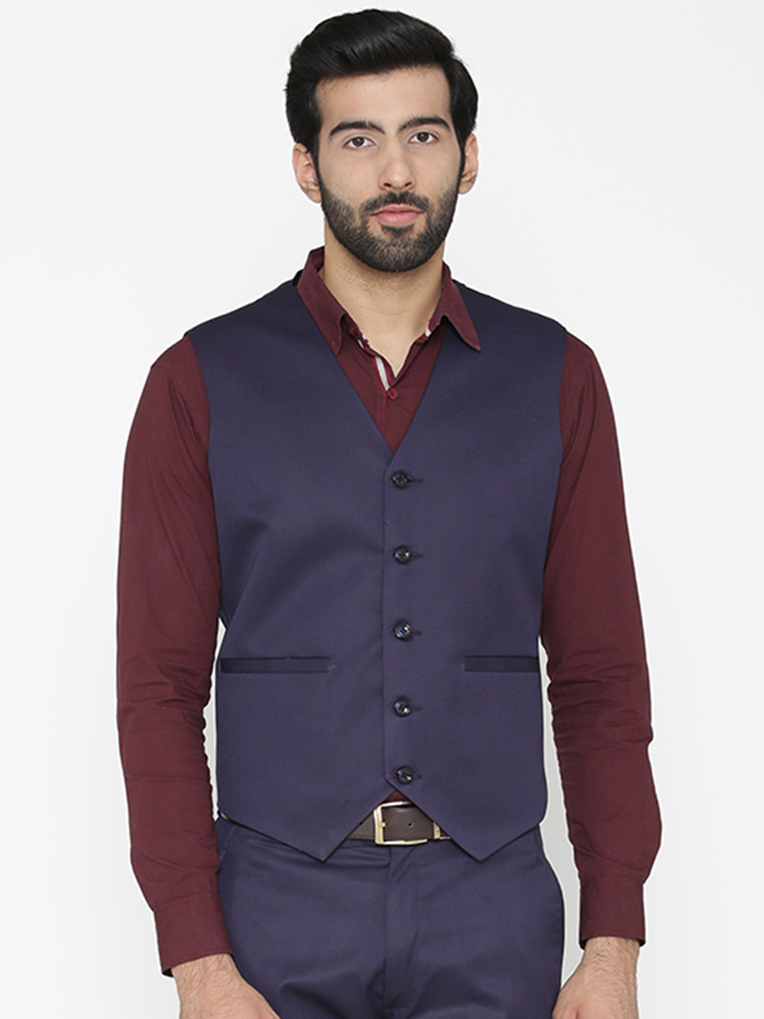 Wintage Men Navy Blue Solid Waistcoat