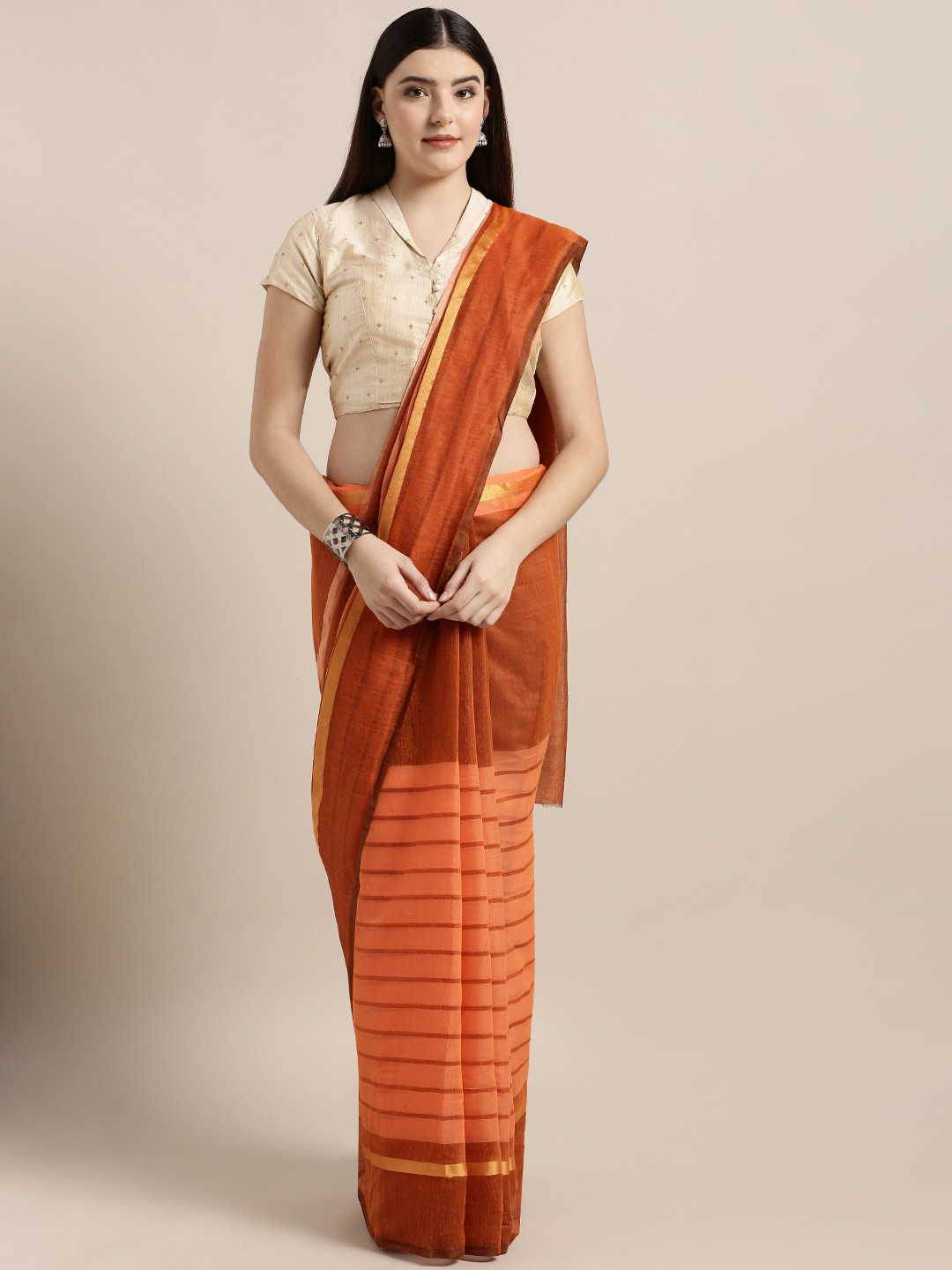 MOKSHA DESIGNS Orange Cotton Blend Striped Chanderi Saree