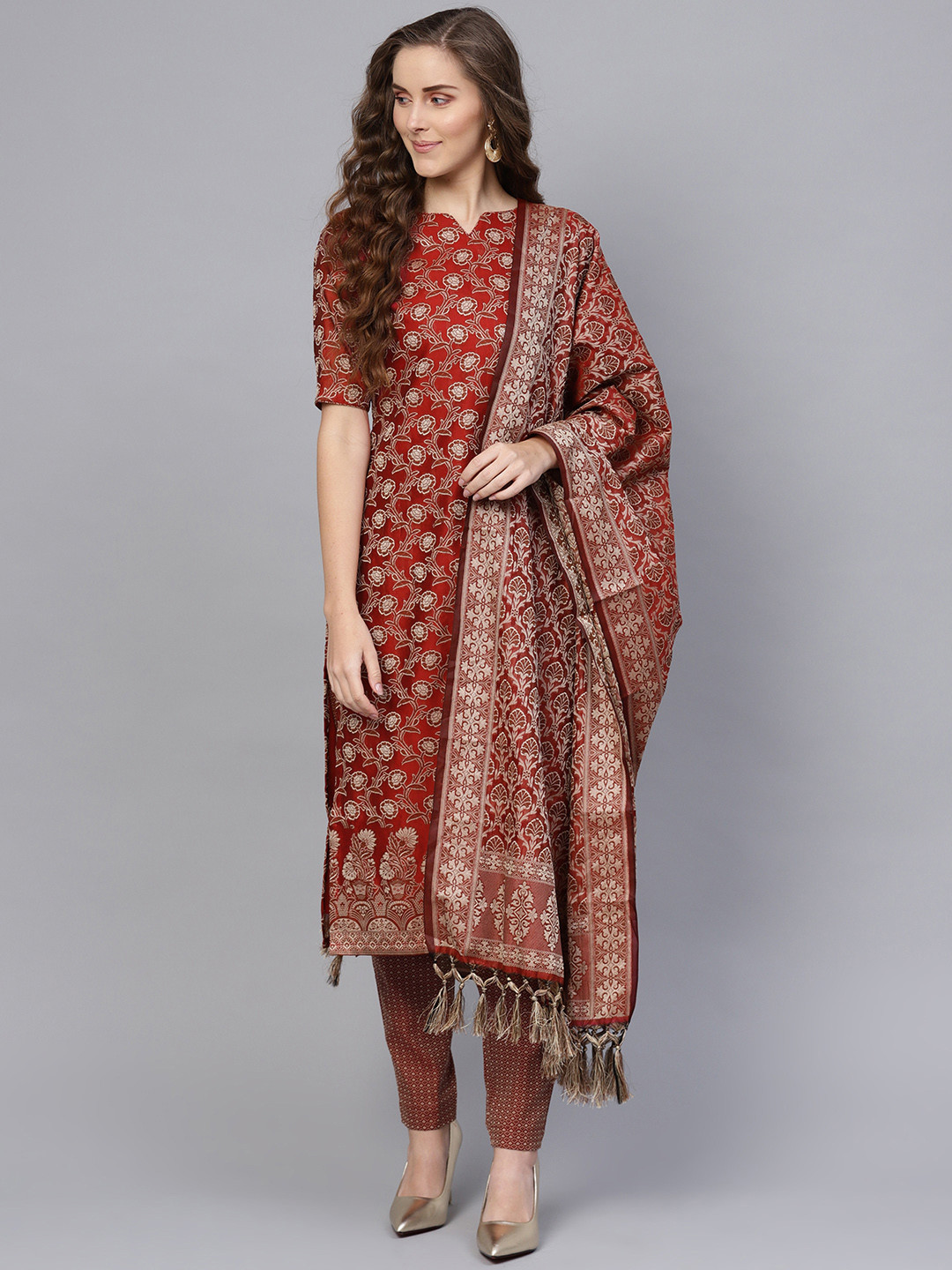 Inddus Maroon & Beige Cotton Blend Unstitched Dress Material