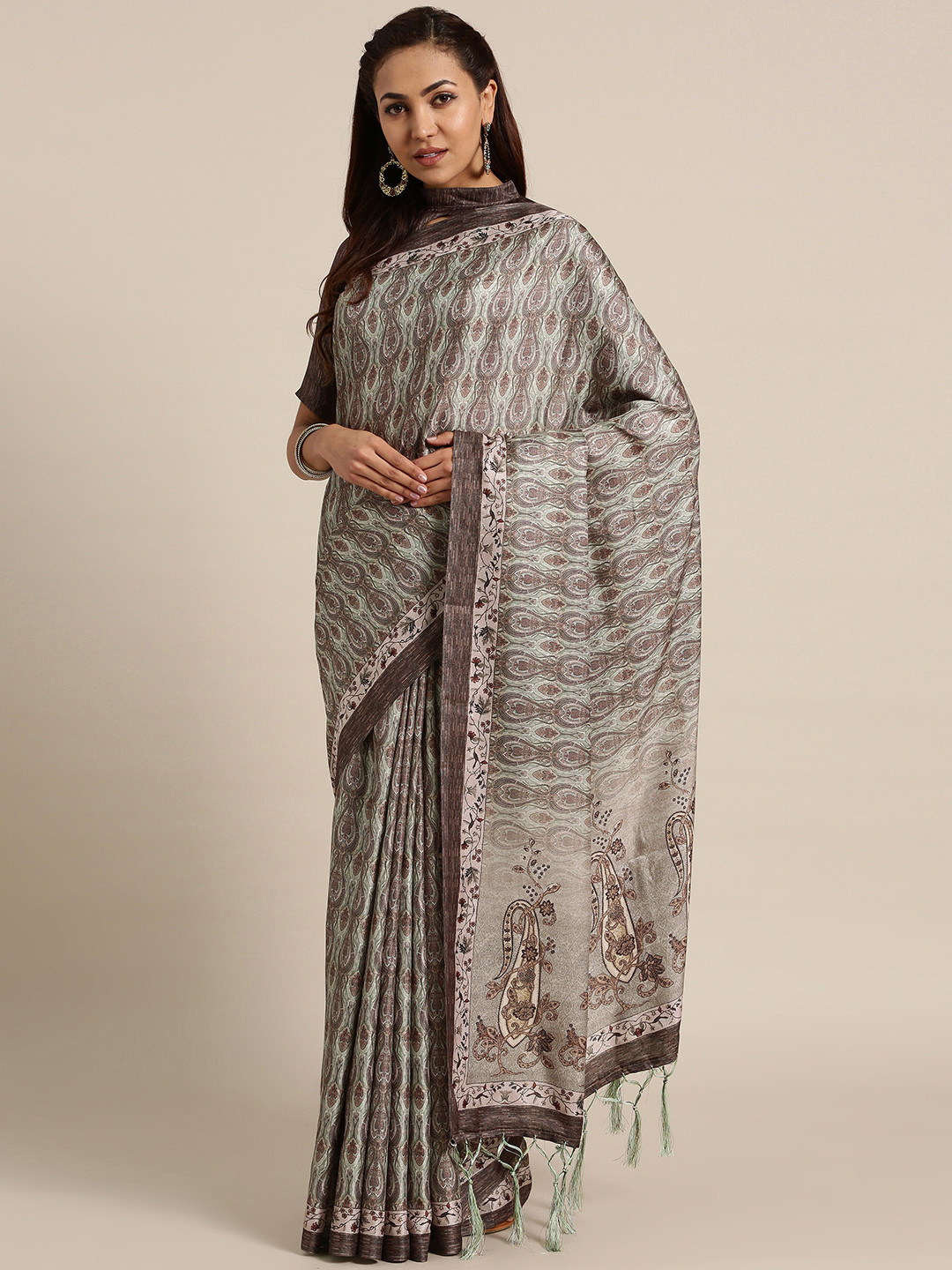 Saree mall Olive Brown Pashmina Print Saree