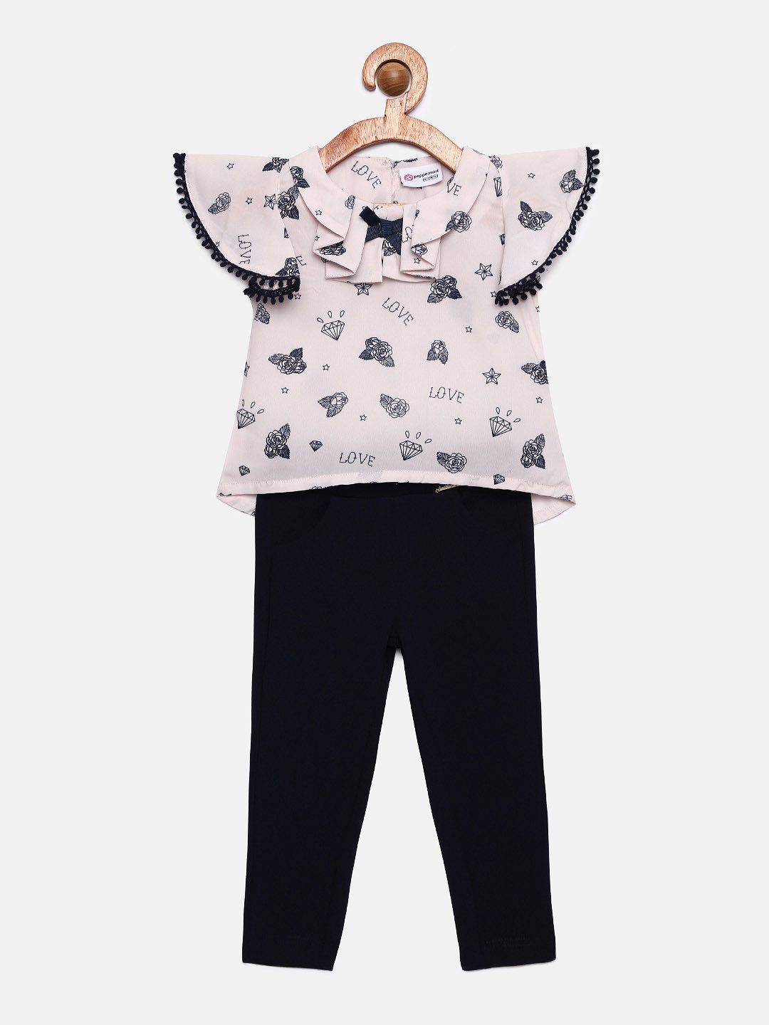 Peppermint Girls Navy Blue & Pink Printed Top with Trousers