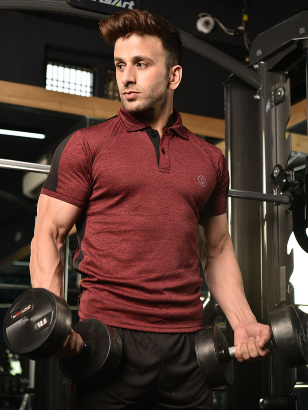 Chkokko Men Red Solid Polo Collar Dry Fit Streachable Training T-shirt