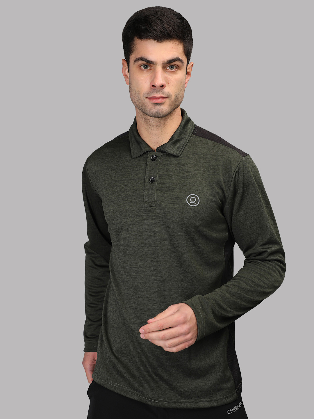 Chkokko Men Olive Green Solid Polo Collar Dry Fit Streachable Training T-shirt