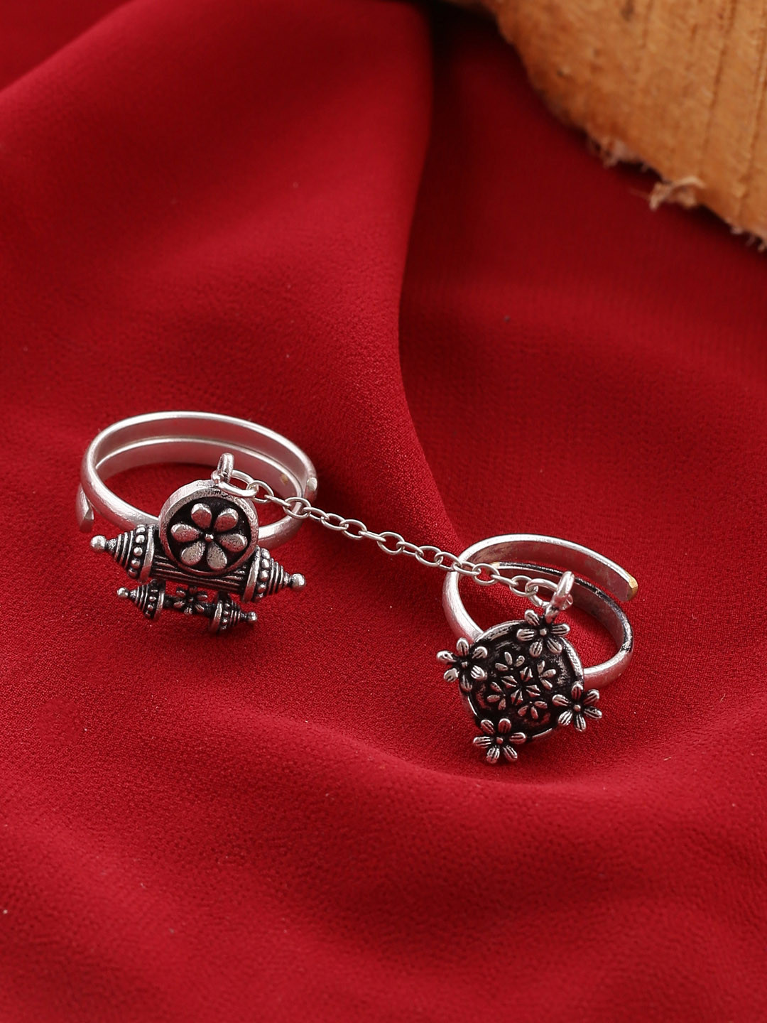 Voylla Oxidised Silver-Plated Dual-Finger Statement Ring