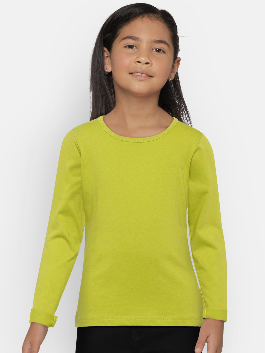 SINI MINI Girls Lime Green Solid Round Neck Pure Cotton T-shirt