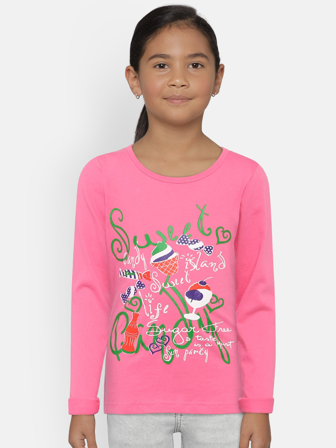 SINI MINI Girls Pink Printed Round Neck T-shirt