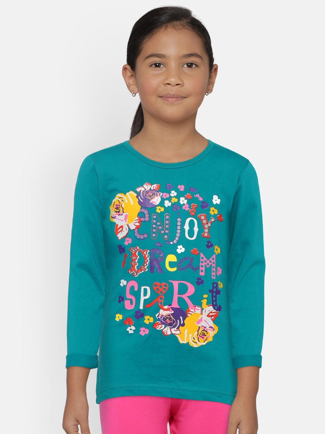 SINI MINI Girls Teal Blue Printed Round Neck Pure Cotton T-shirt