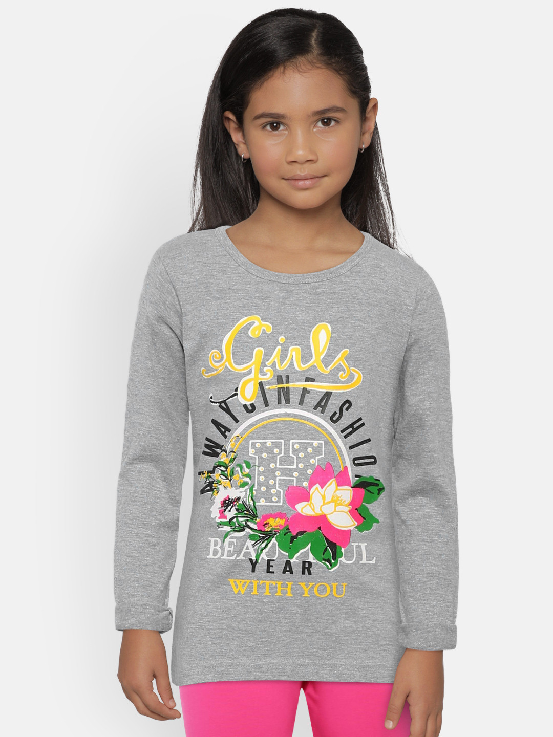 SINI MINI Girls Grey Printed Round Neck T-shirt