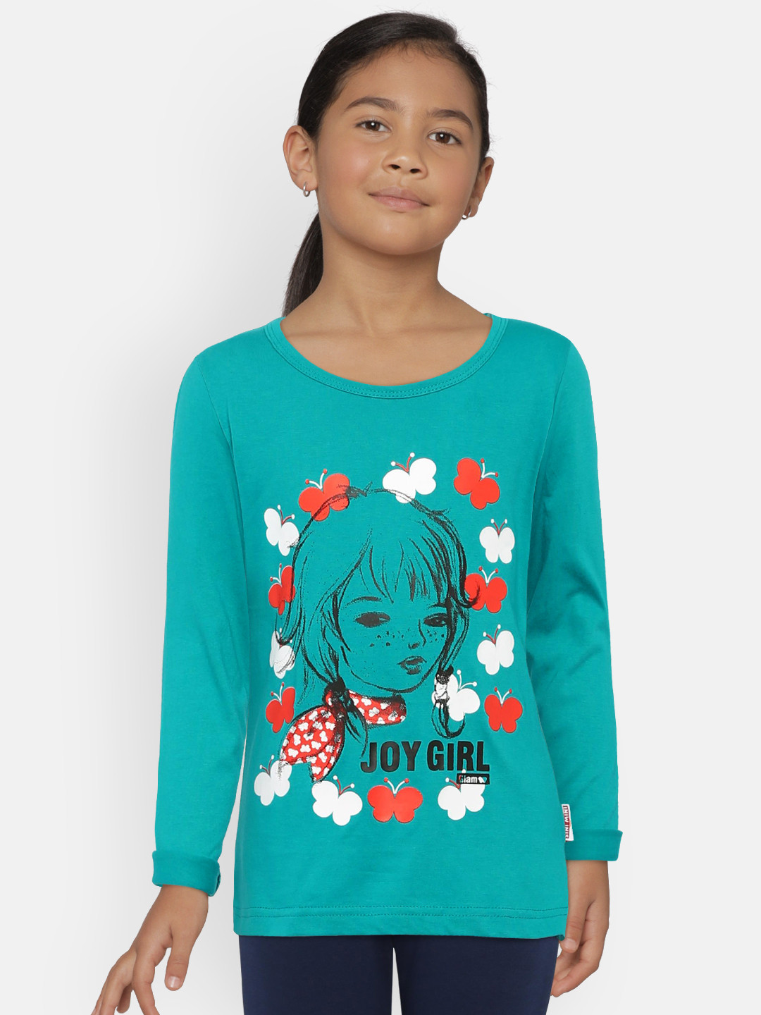 SINI MINI Girls Sea Green Printed Round Neck T-shirt