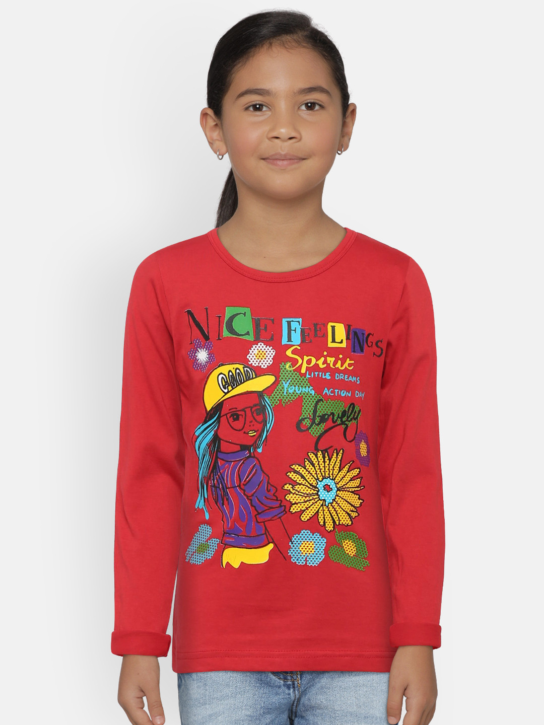 SINI MINI Girls Red Printed Round Neck T-shirt