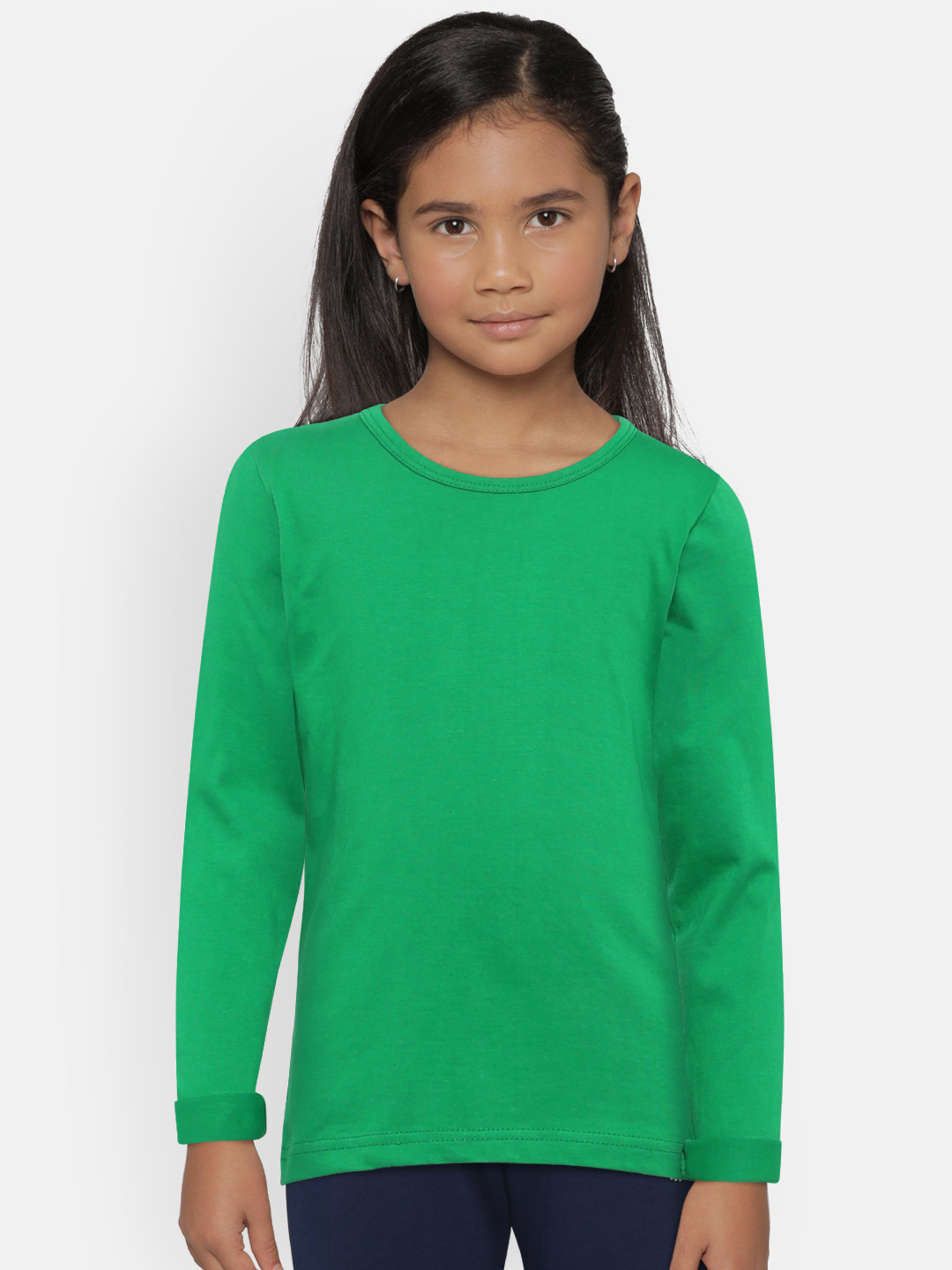 SINI MINI Girls Green Solid Round Neck Pure Cotton T-shirt