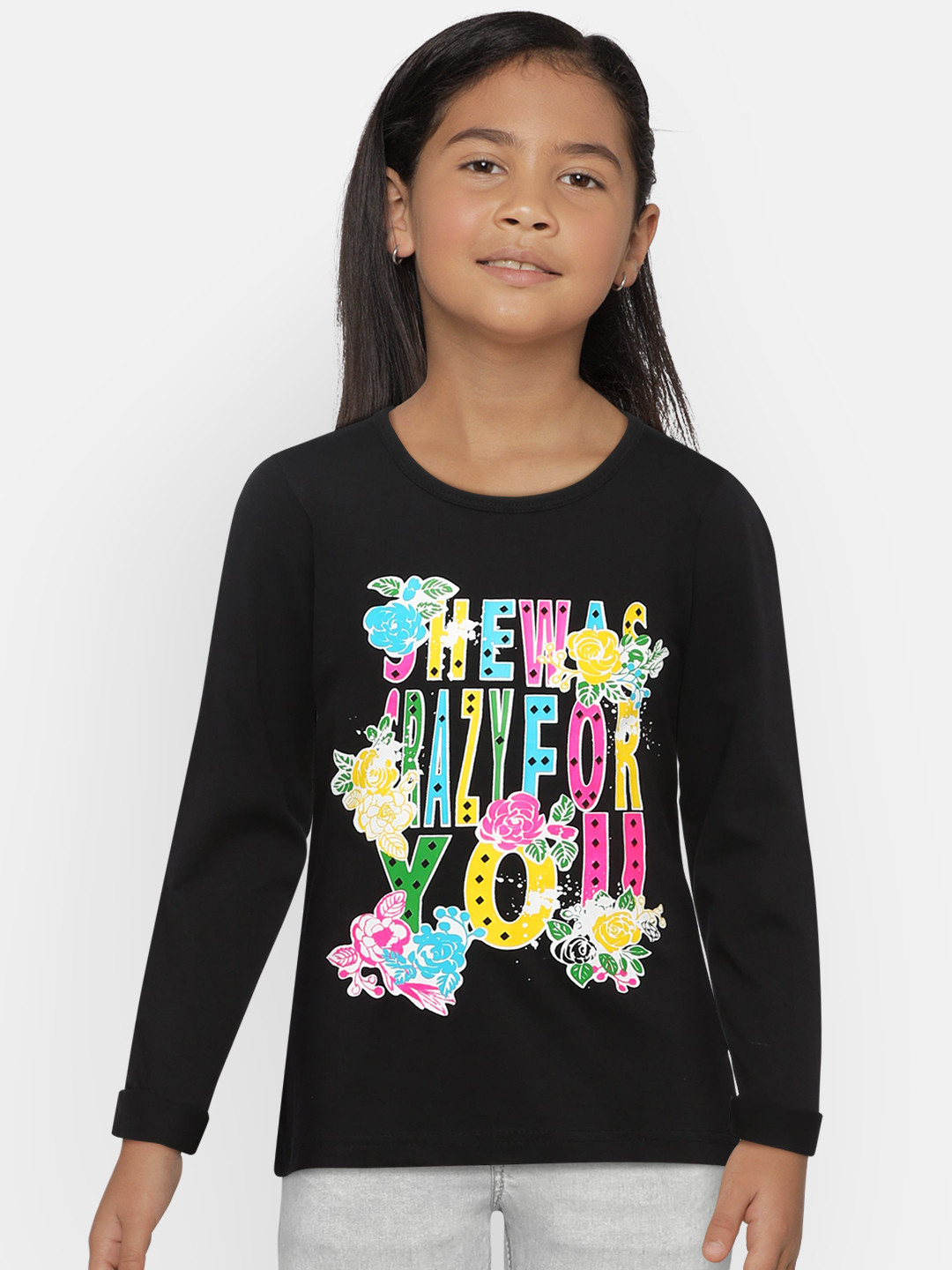 SINI MINI Girls Black Printed Round Neck T-shirt