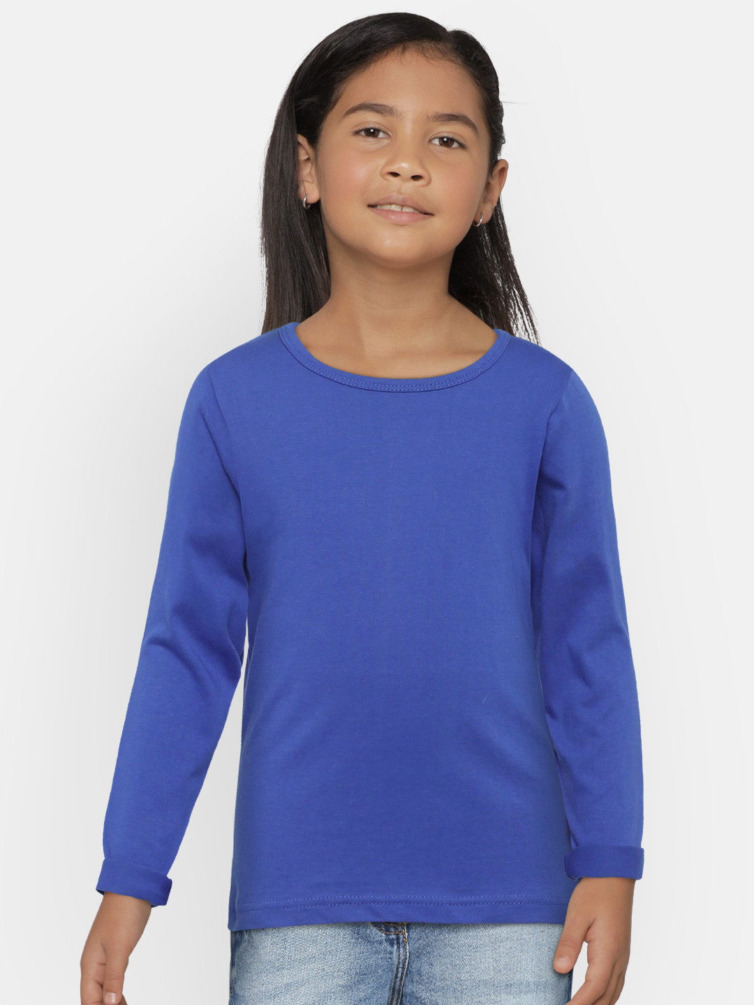 SINI MINI Girls Blue Solid Round Neck Pure Cotton T-shirt