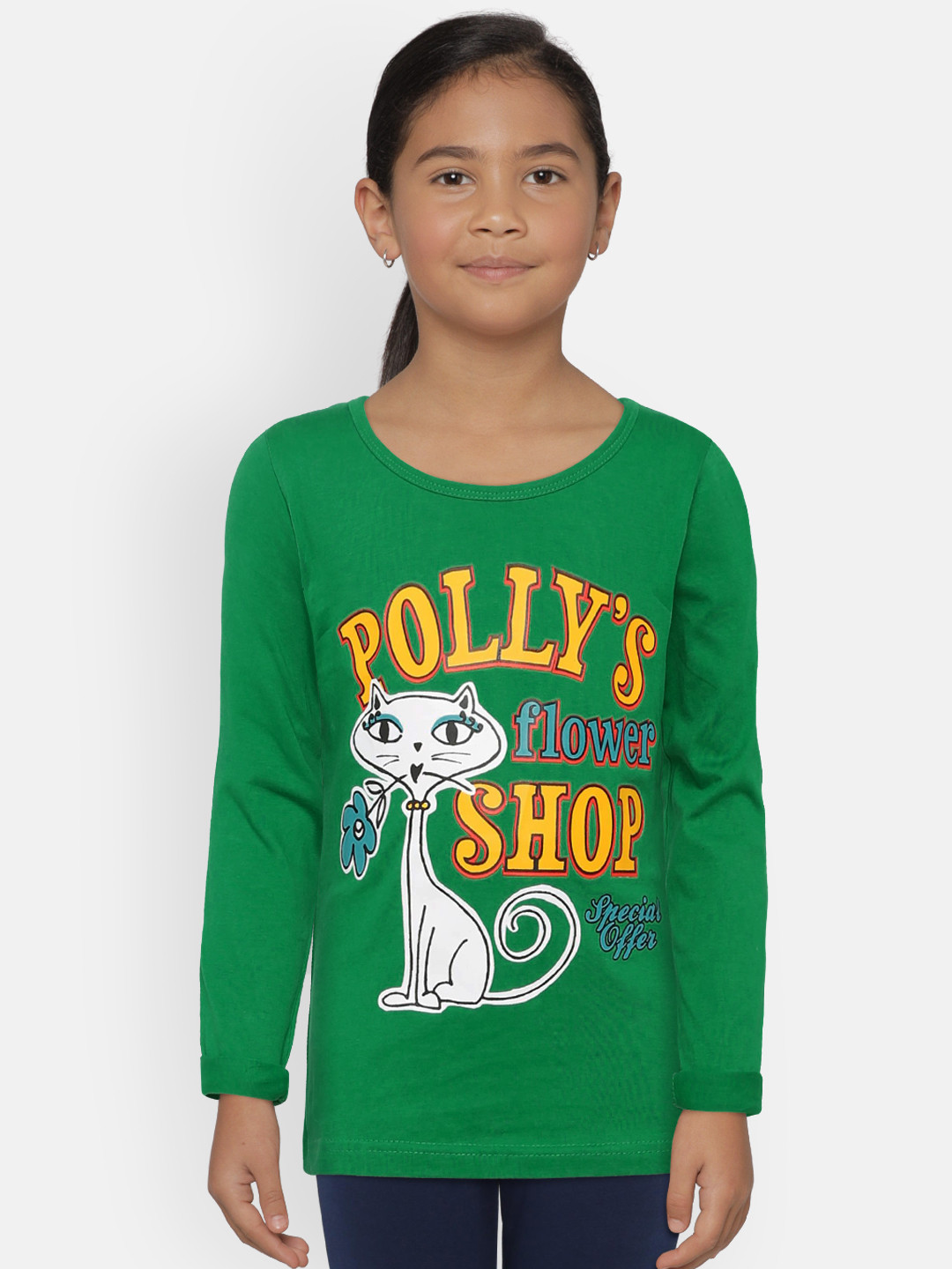 SINI MINI Girls Green Printed Round Neck T-shirt